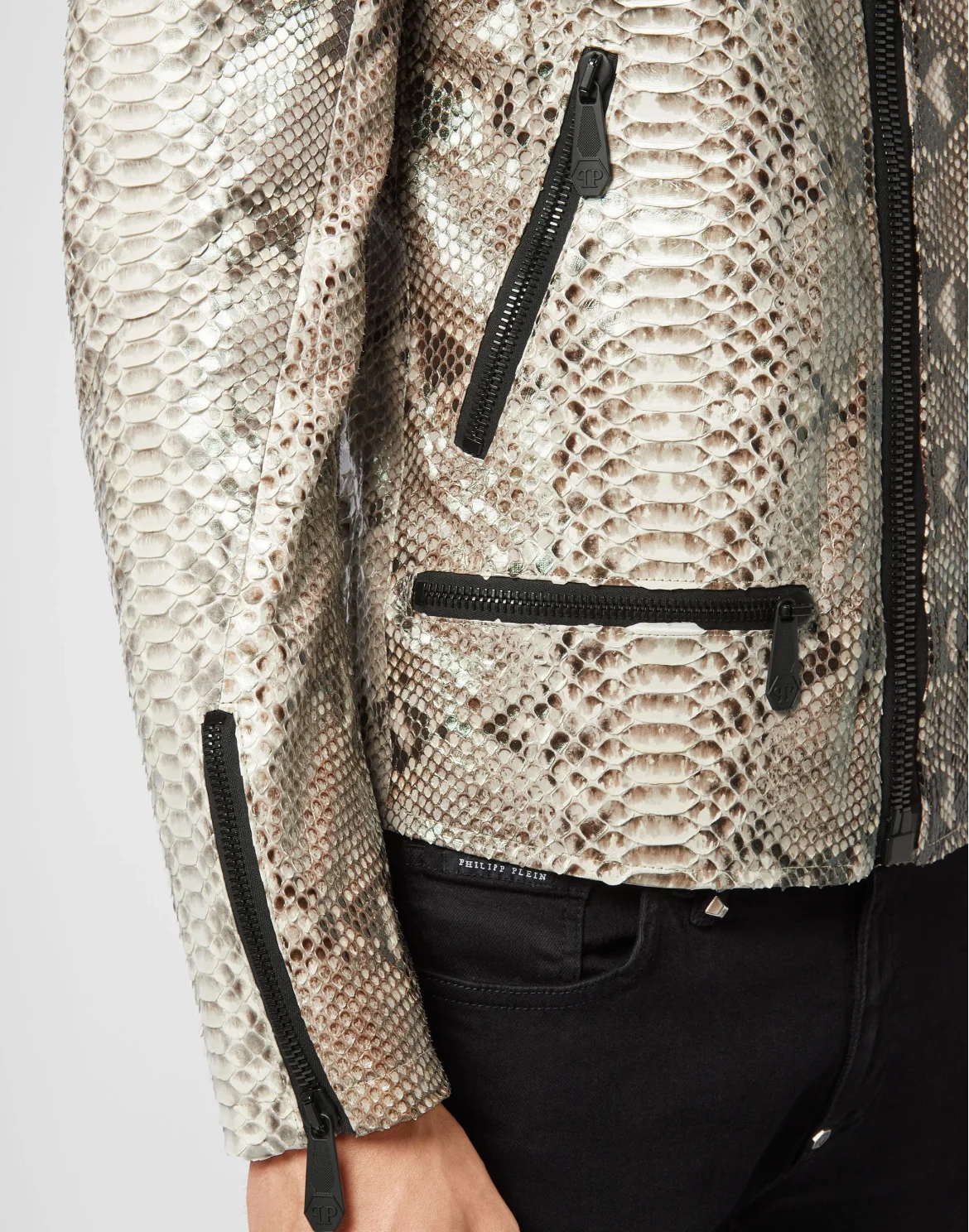 Python Leather Moto Jacket Luxury, цвет: Бежевый
