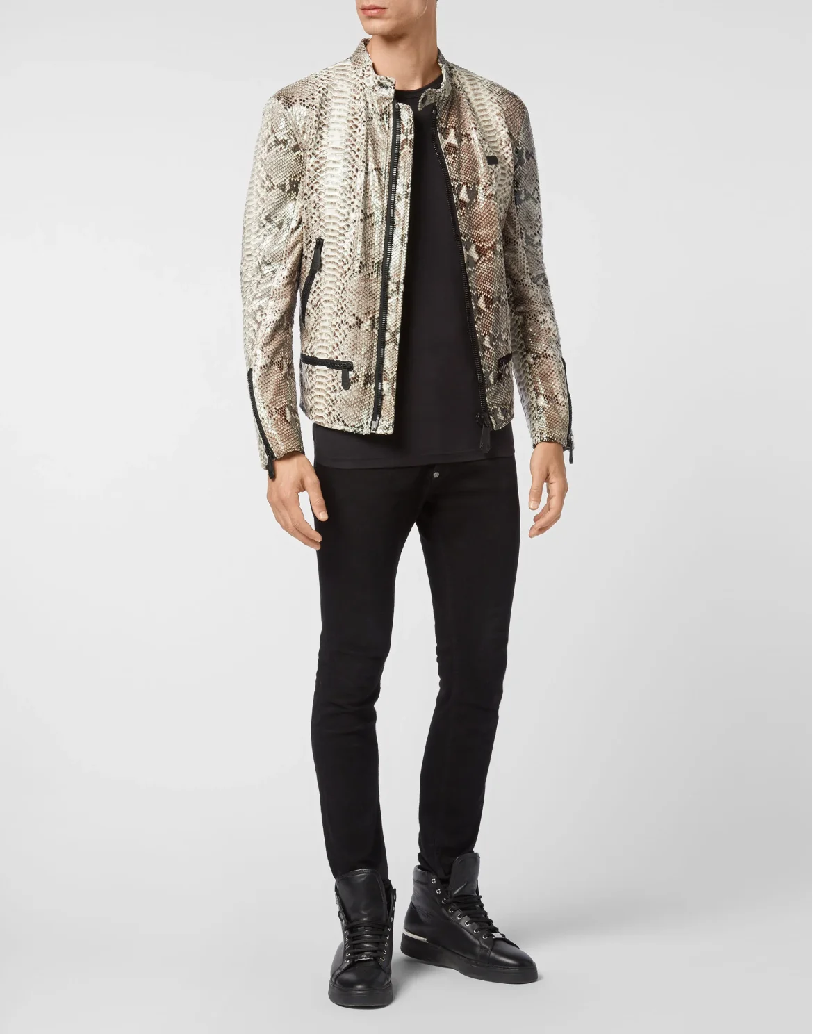 Python Leather Moto Jacket Luxury, цвет: Бежевый