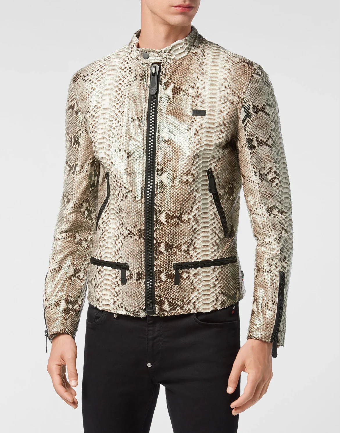 Python Leather Moto Jacket Luxury, цвет: Бежевый