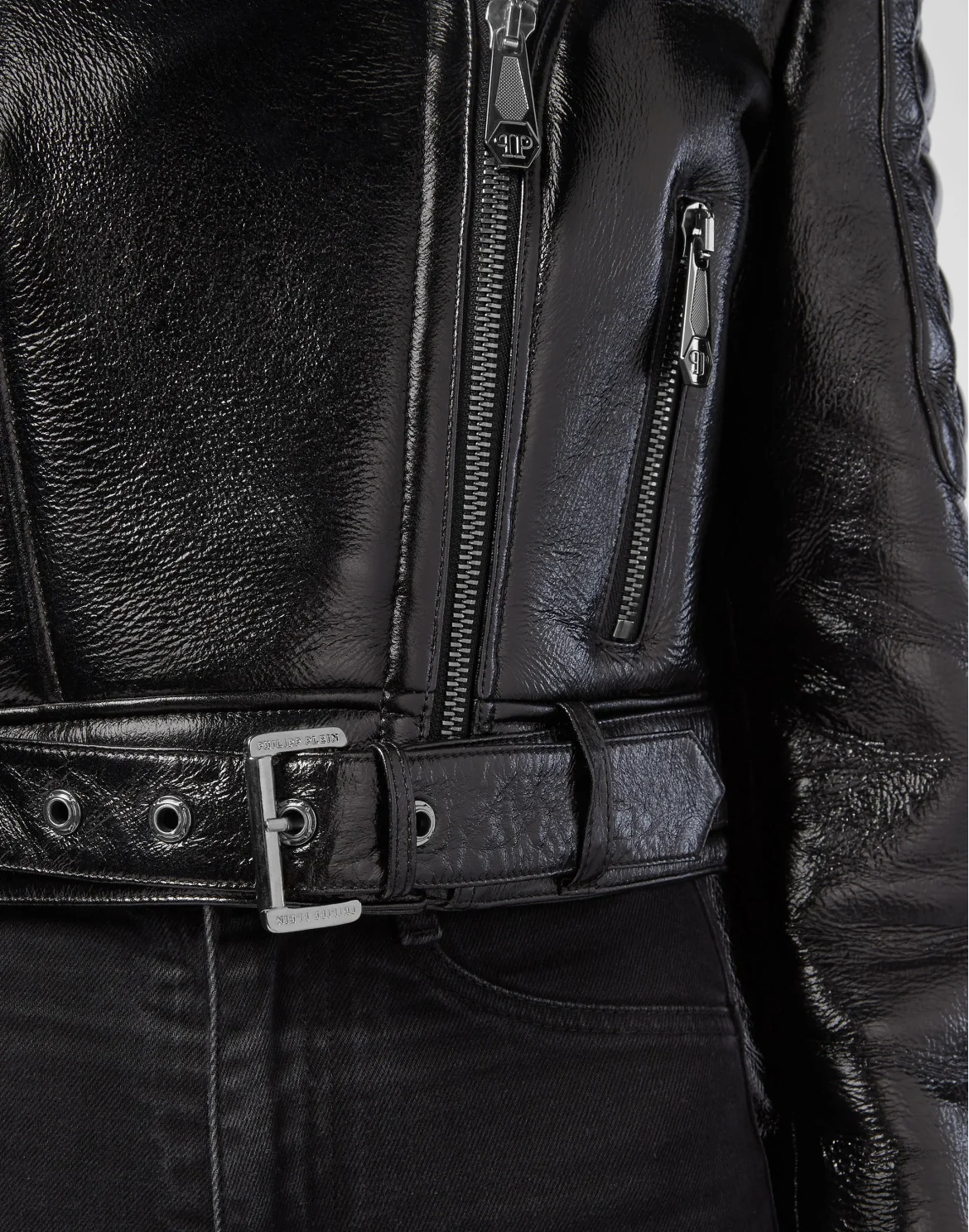 Shiny Leather Biker Iconic Plein, цвет: Черный