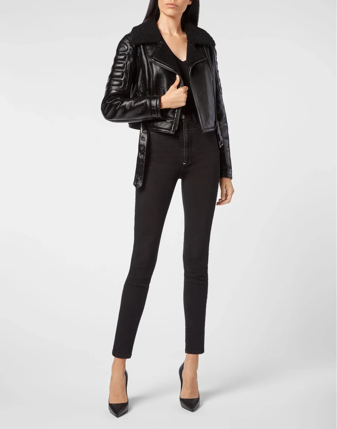 Shiny Leather Biker Iconic Plein, цвет: Черный