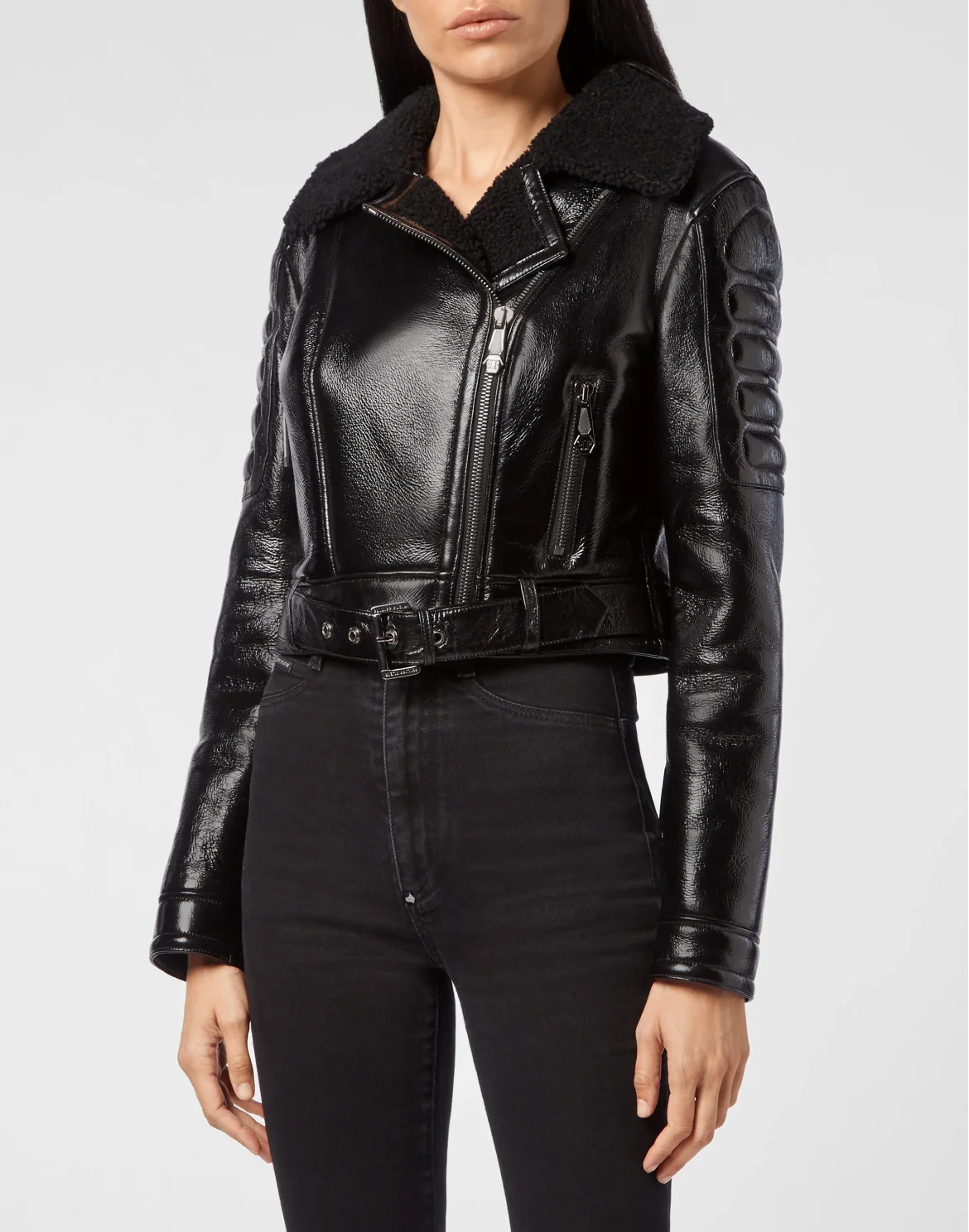 Shiny Leather Biker Iconic Plein, цвет: Черный