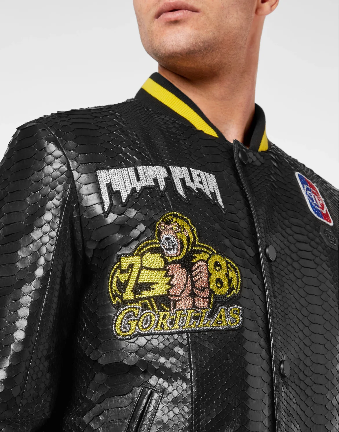 Python Leather College Jacket, цвет: Черный