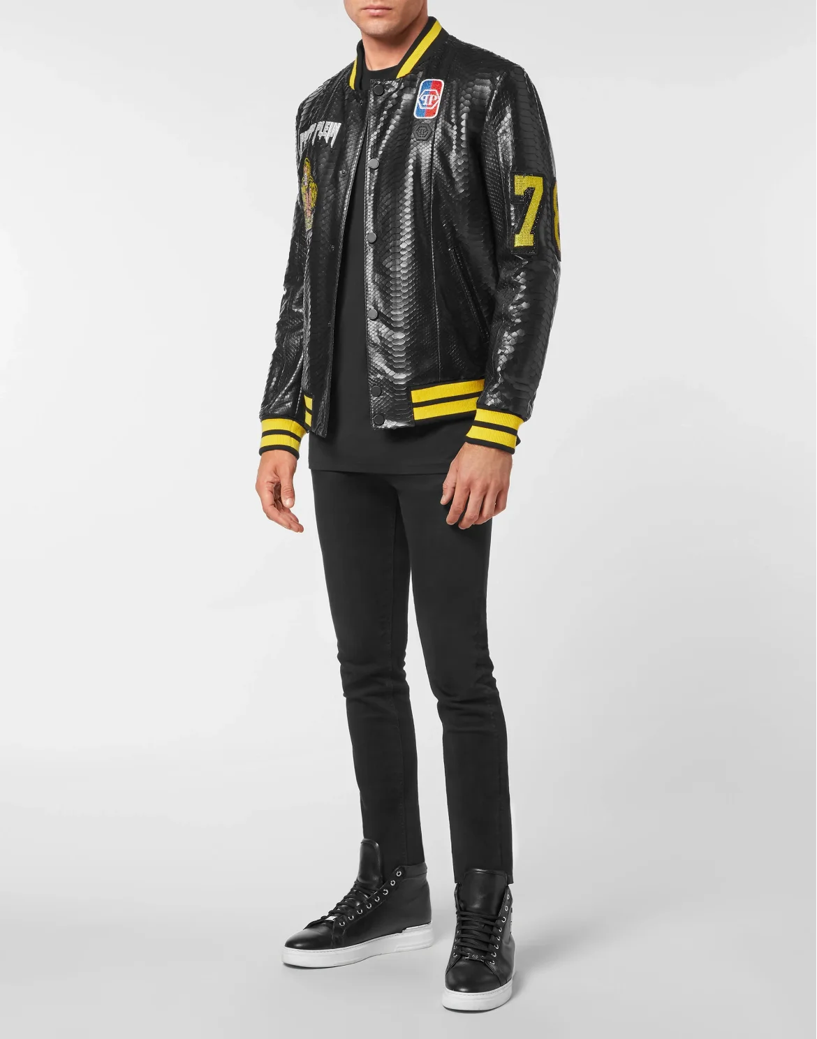 Python Leather College Jacket, цвет: Черный