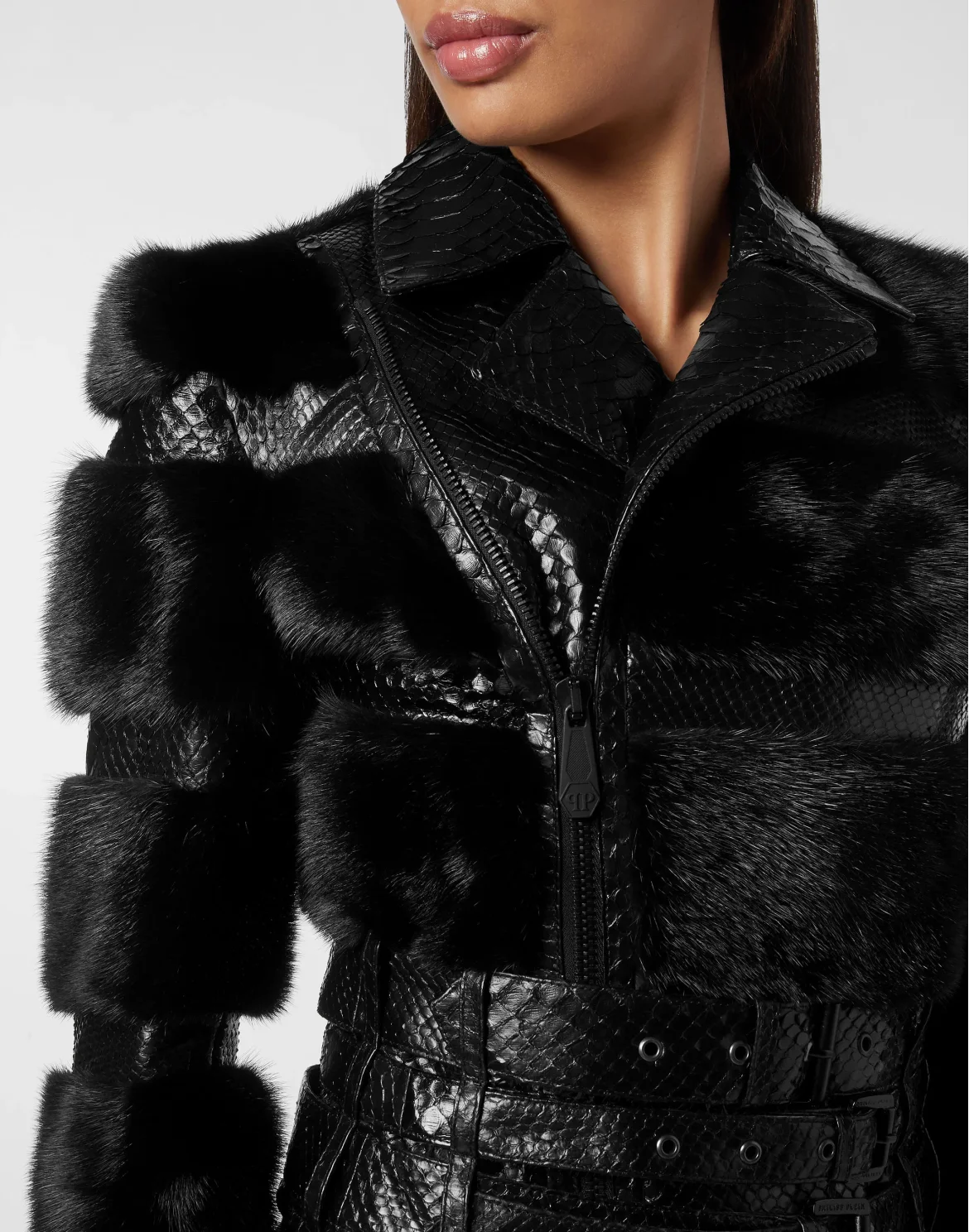 Python Leather Biker Jacket, цвет: Черный