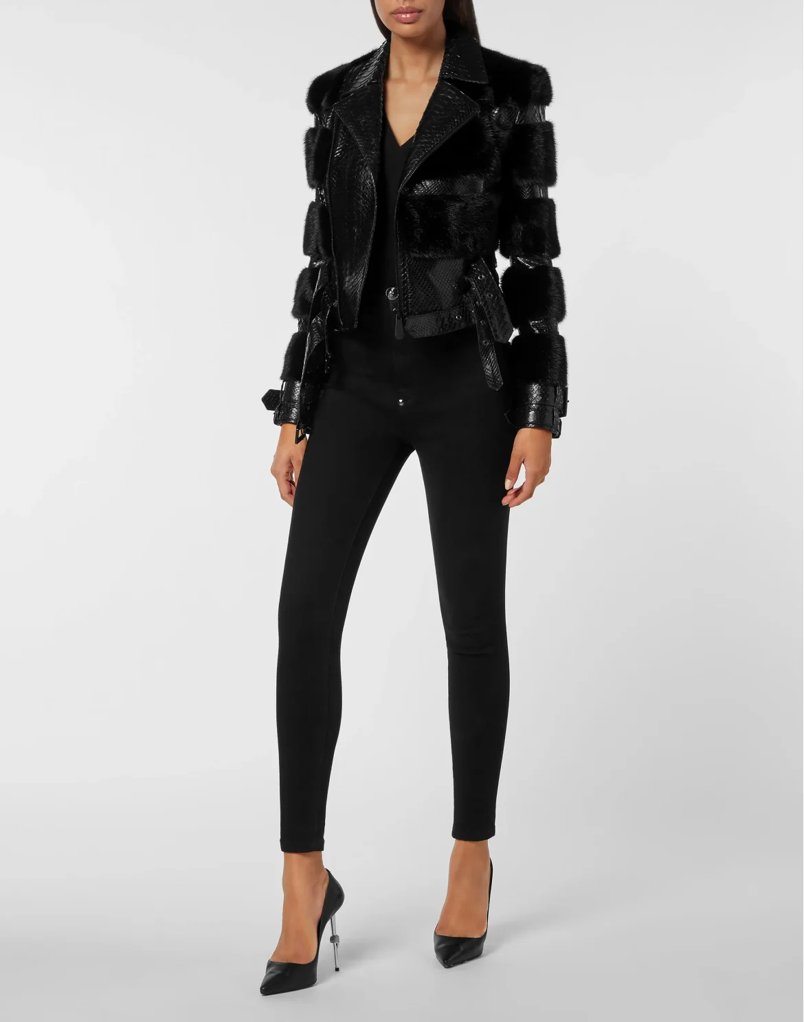 Python Leather Biker Jacket, цвет: Черный