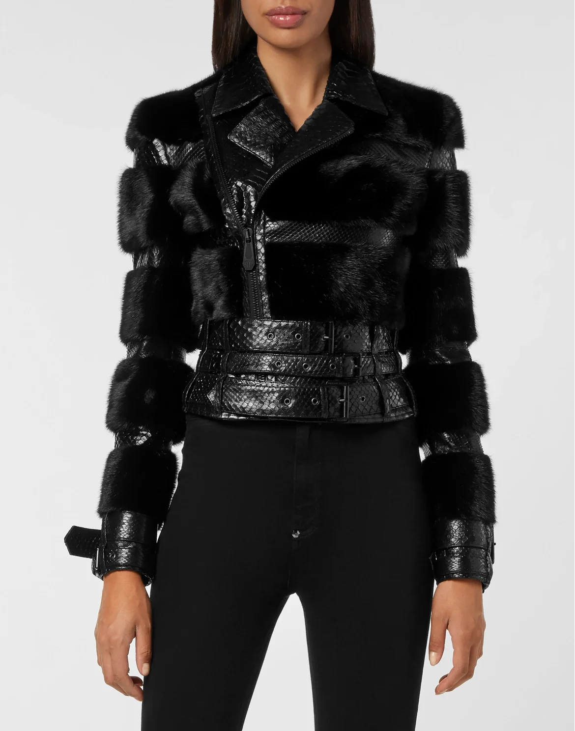 Python Leather Biker Jacket, цвет: Черный