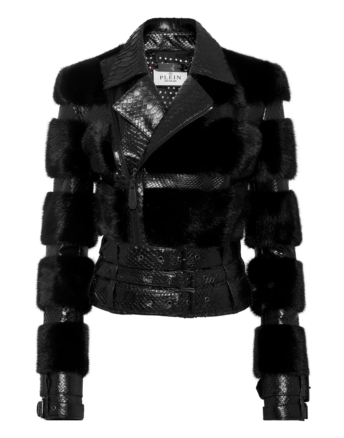 Python Leather Biker Jacket, цвет: Черный