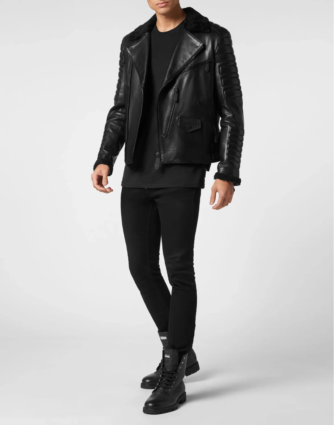 Shearling Leather Biker Gothic Plein, цвет: Черный