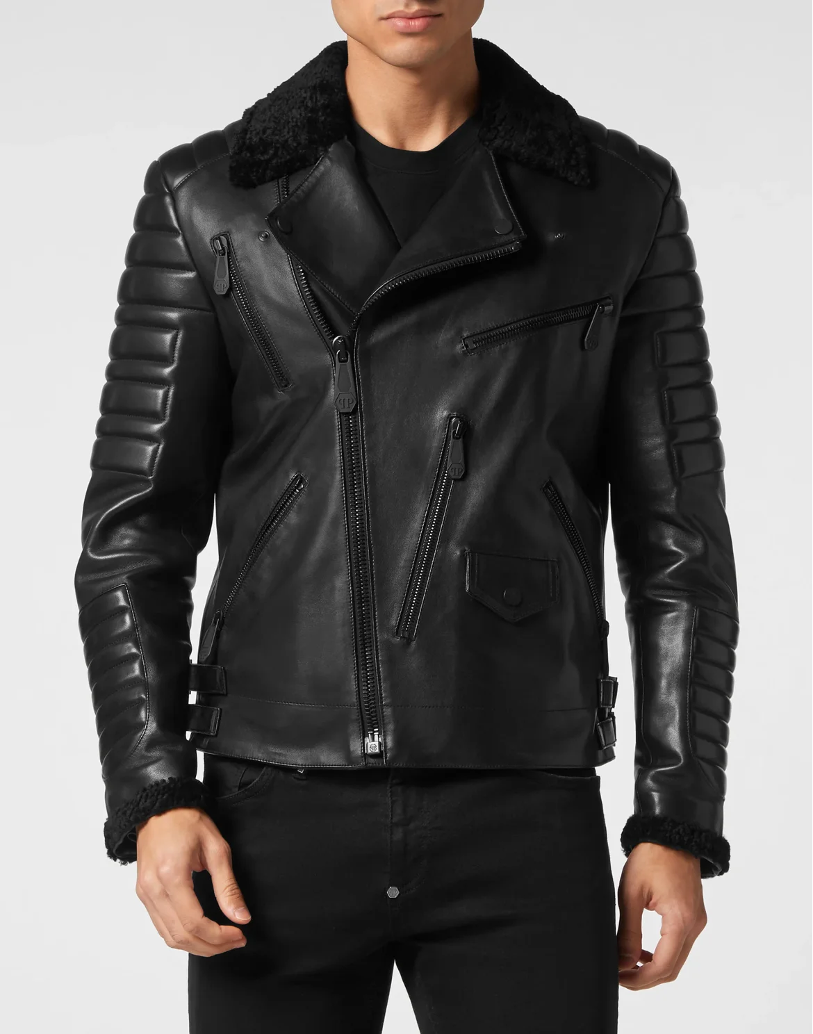Shearling Leather Biker Gothic Plein, цвет: Черный
