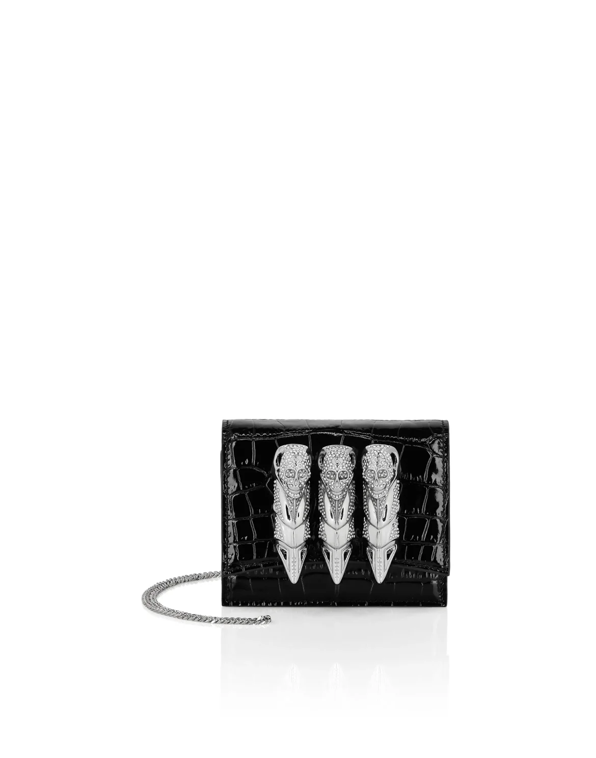 Croco Printed Leather Mini Bag Skull Strass, цвет: Черный