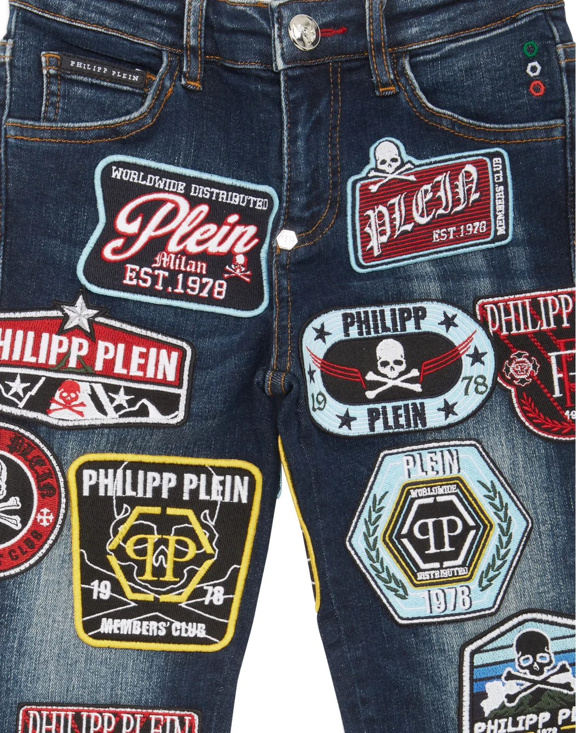 Denim Super Straight Cut Fit Trousers Viintage Effect Patches, цвет: Синий