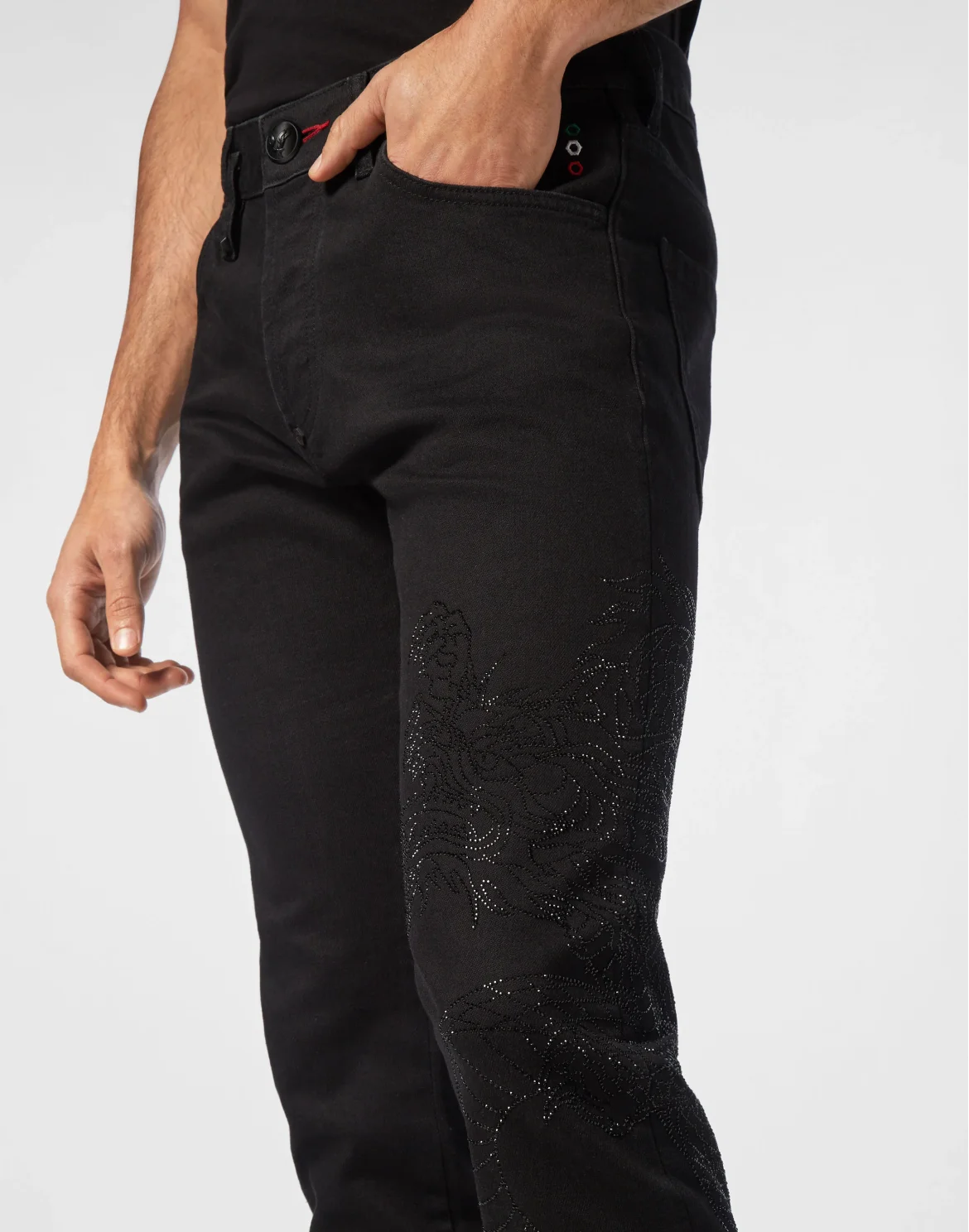 Denim Trousers Super Straight Cut Dragon Strass, цвет: Черный