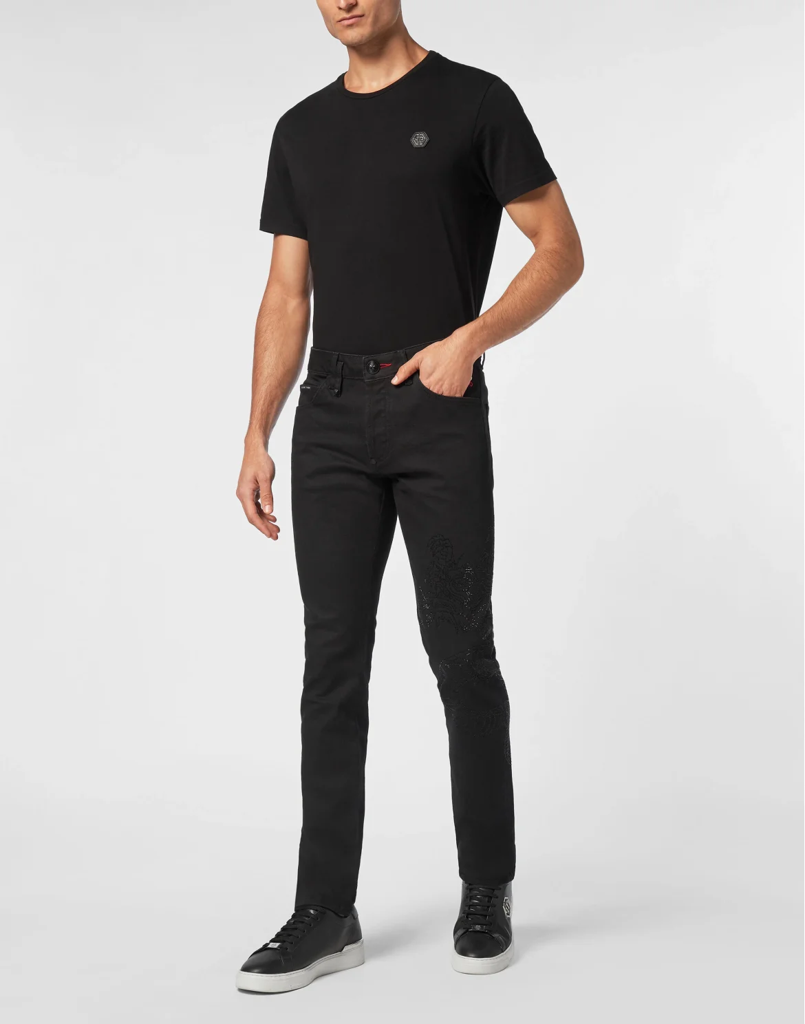 Denim Trousers Super Straight Cut Dragon Strass, цвет: Черный