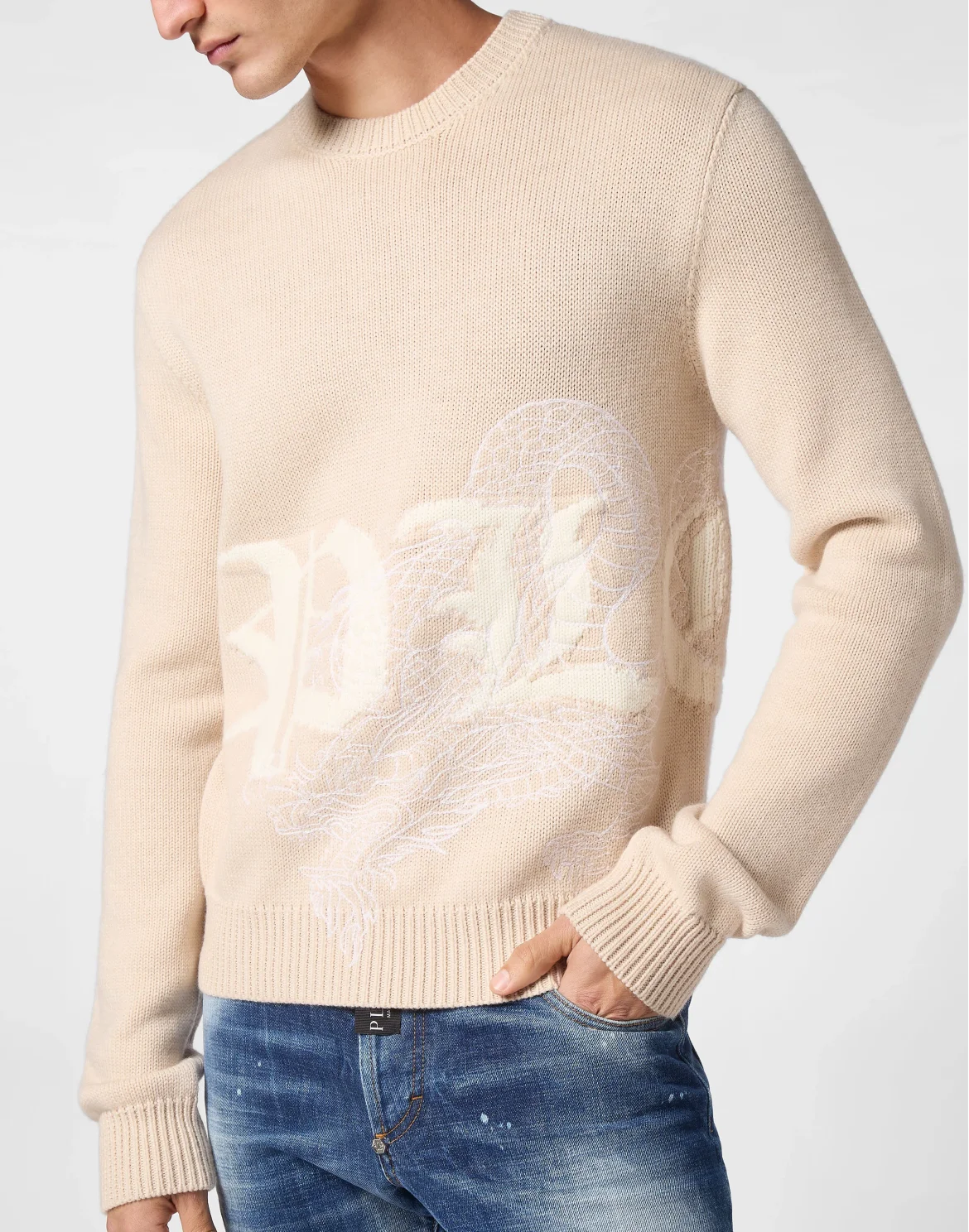 Pullover Round Neck Long-Sleeve Dragon, цвет: Белый