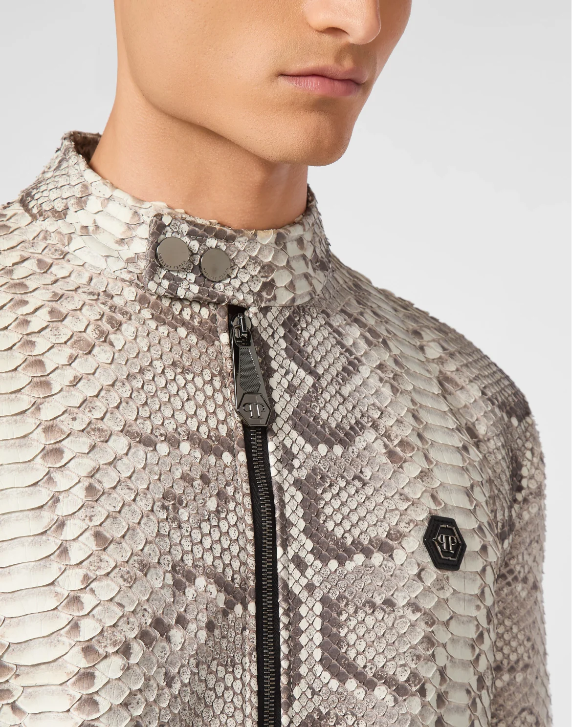 Python Leather Moto Jacket, цвет: Бежевый