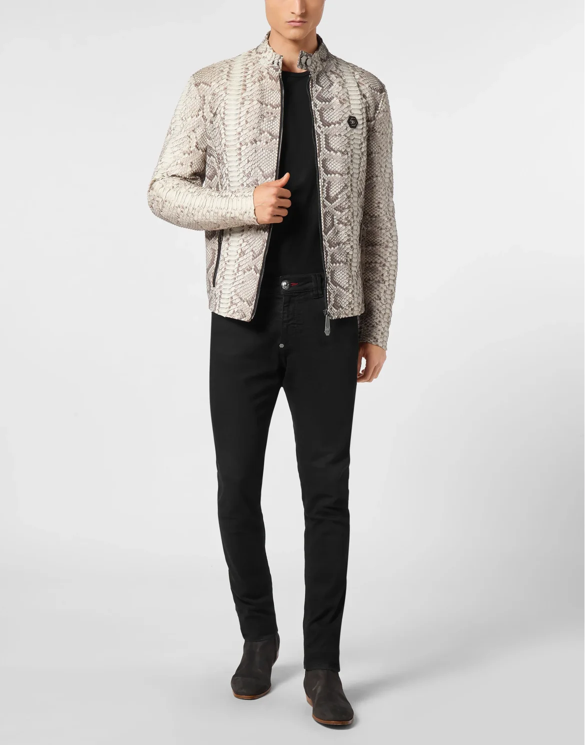 Python Leather Moto Jacket, цвет: Бежевый
