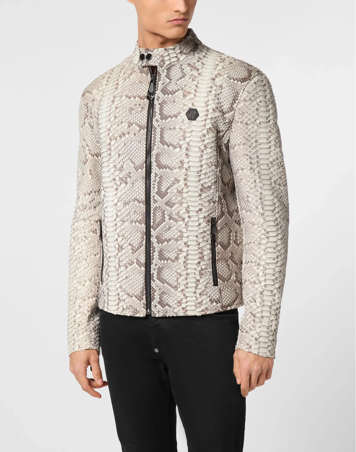 Python Leather Moto Jacket, цвет: Бежевый