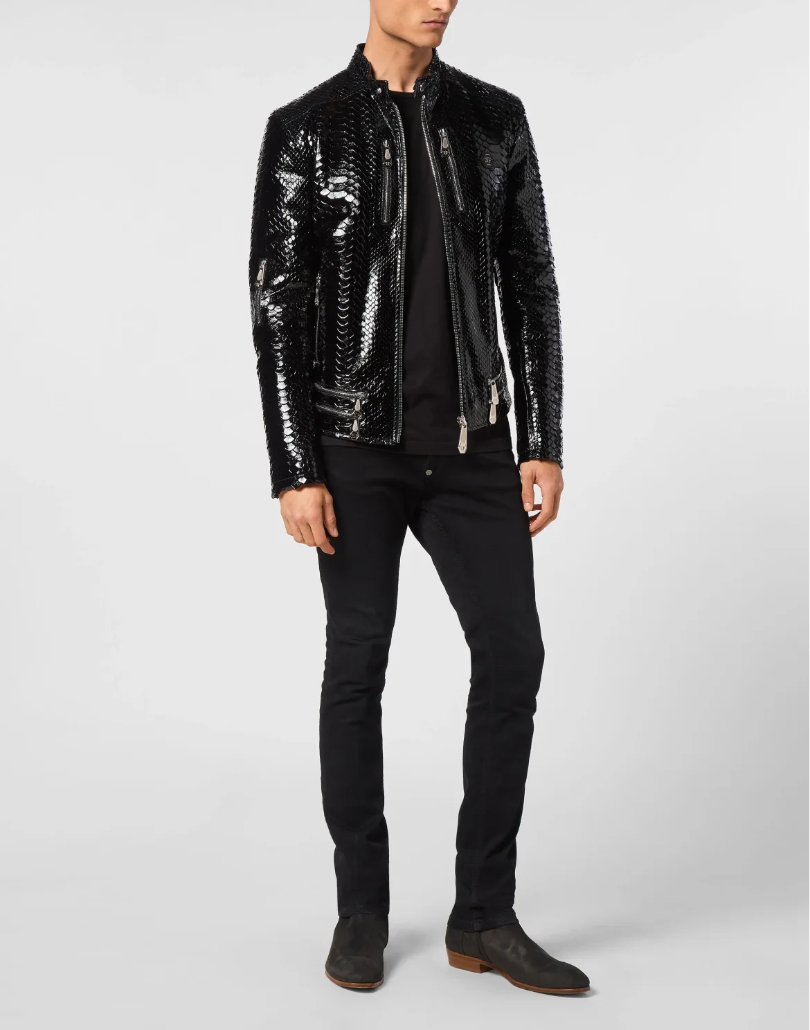 Python Zipped Leather Moto Jacket, цвет: Черный