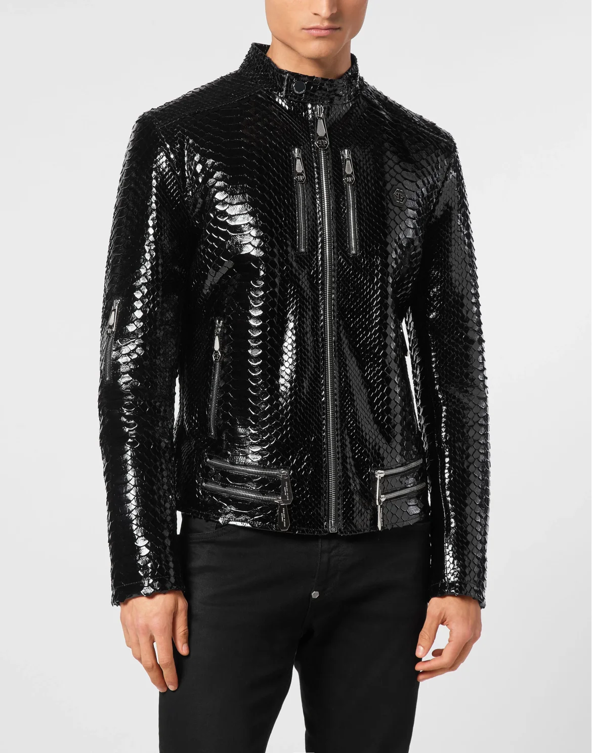 Python Zipped Leather Moto Jacket, цвет: Черный