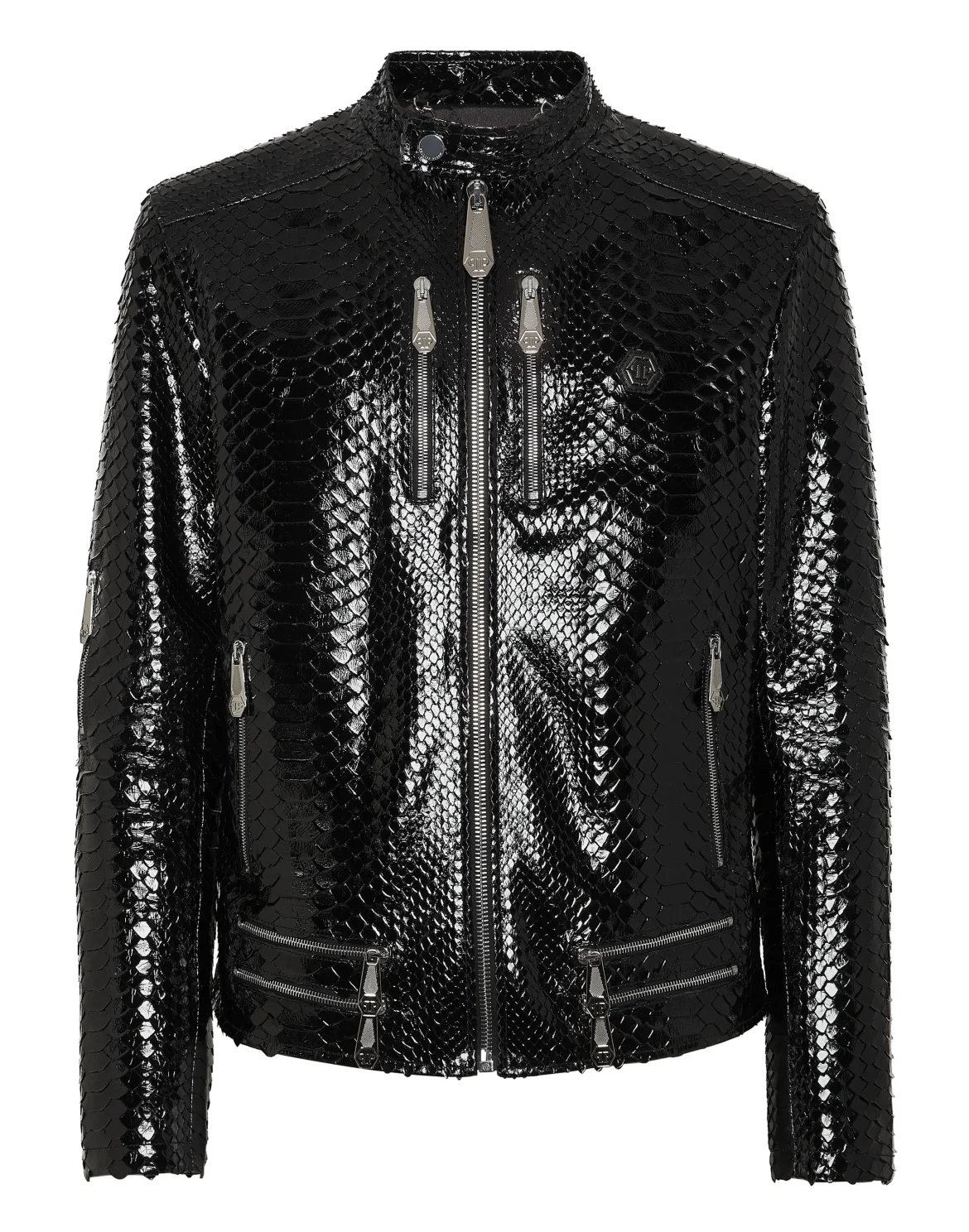 Python Zipped Leather Moto Jacket, цвет: Черный