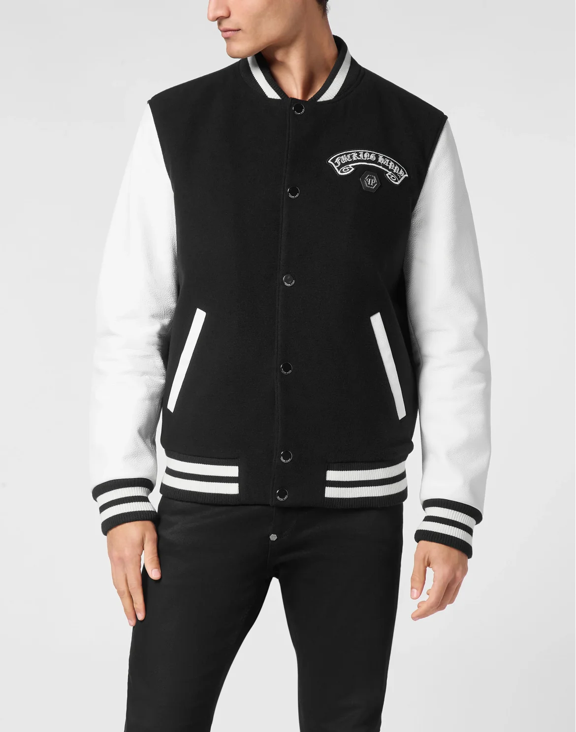 Wool College Bomber With Leather Sleeves Gothic Plein, цвет: Черный