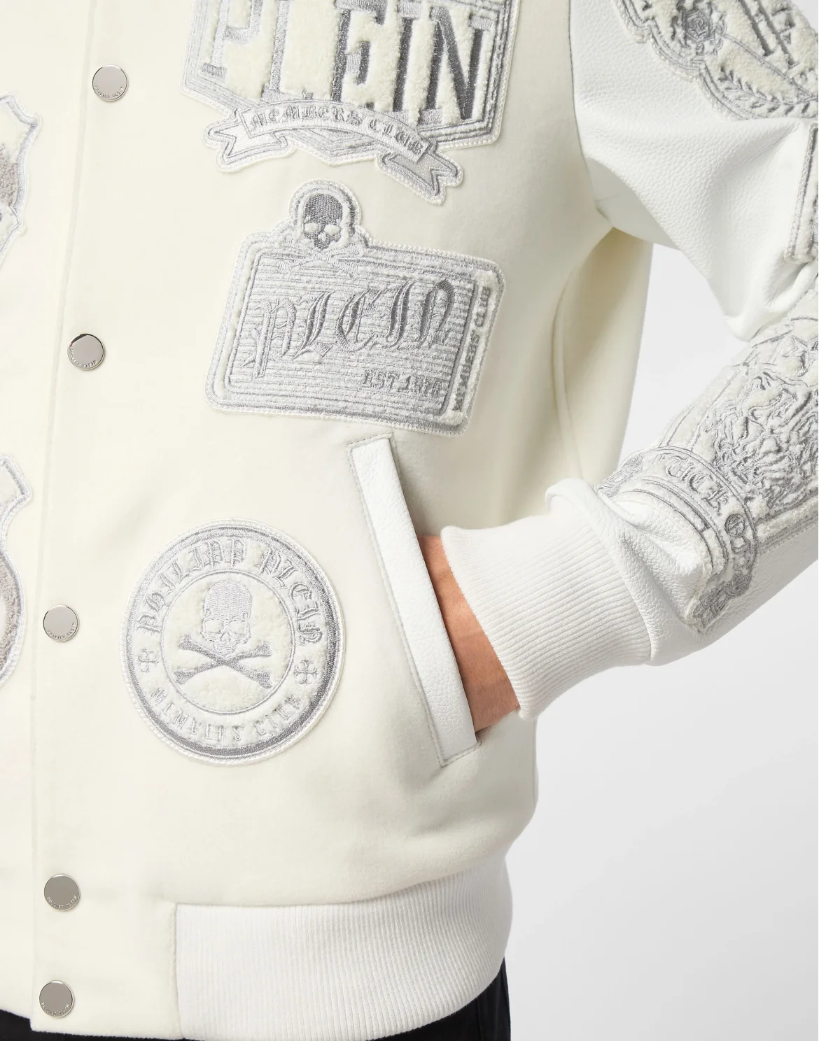 Shearling College Bomber With Leather Sleeves Patches, цвет: Белый