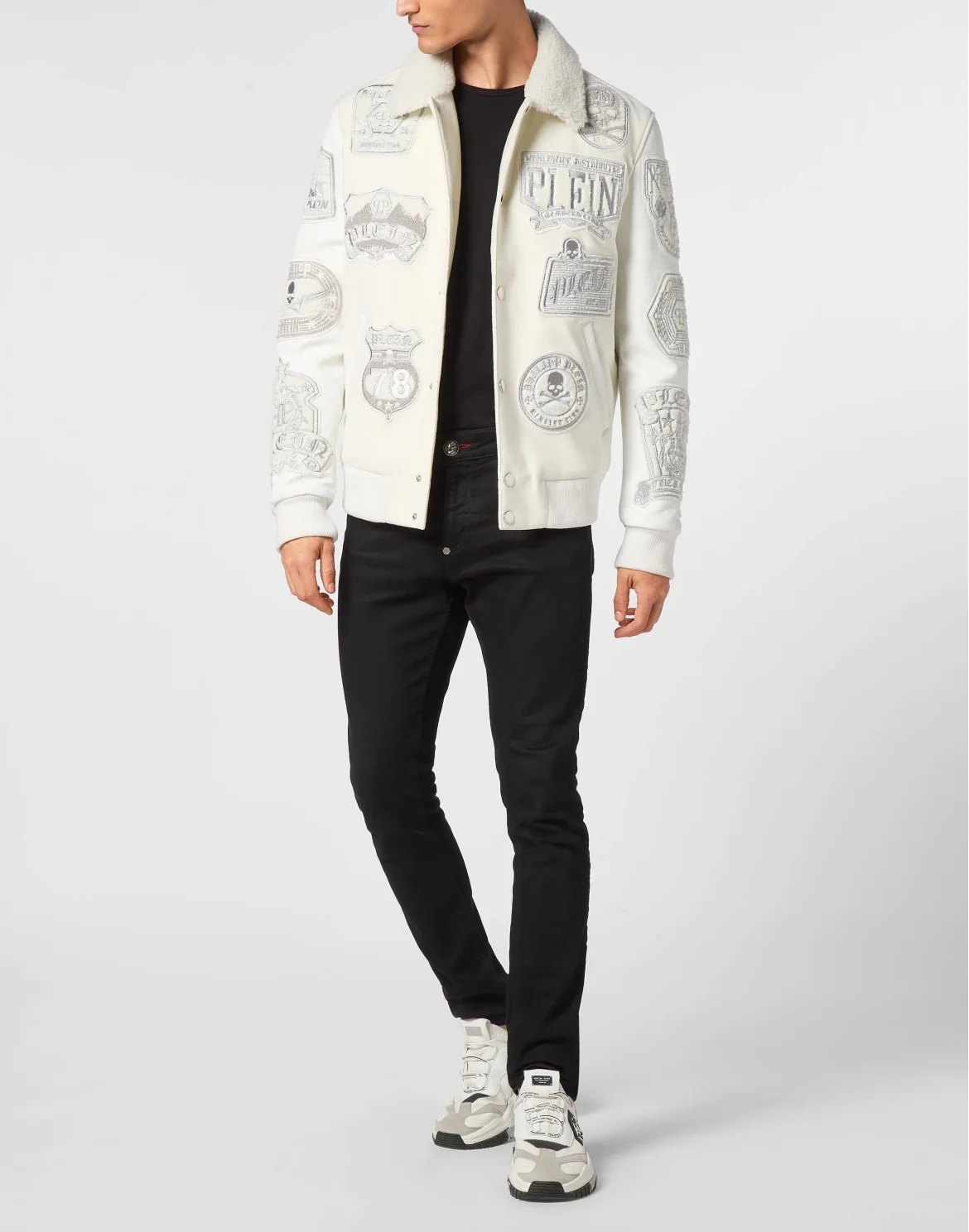 Shearling College Bomber With Leather Sleeves Patches, цвет: Белый