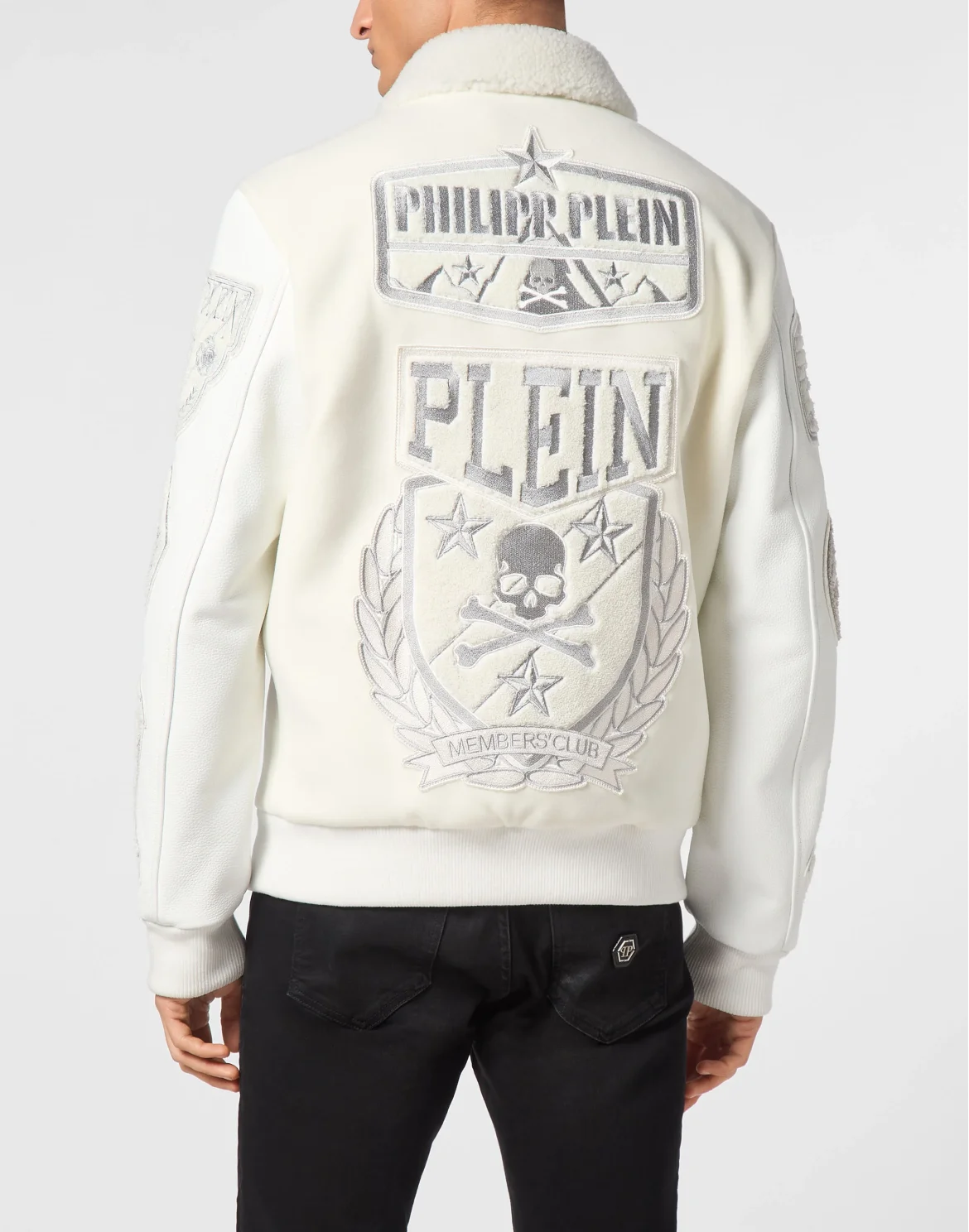 Shearling College Bomber With Leather Sleeves Patches, цвет: Белый