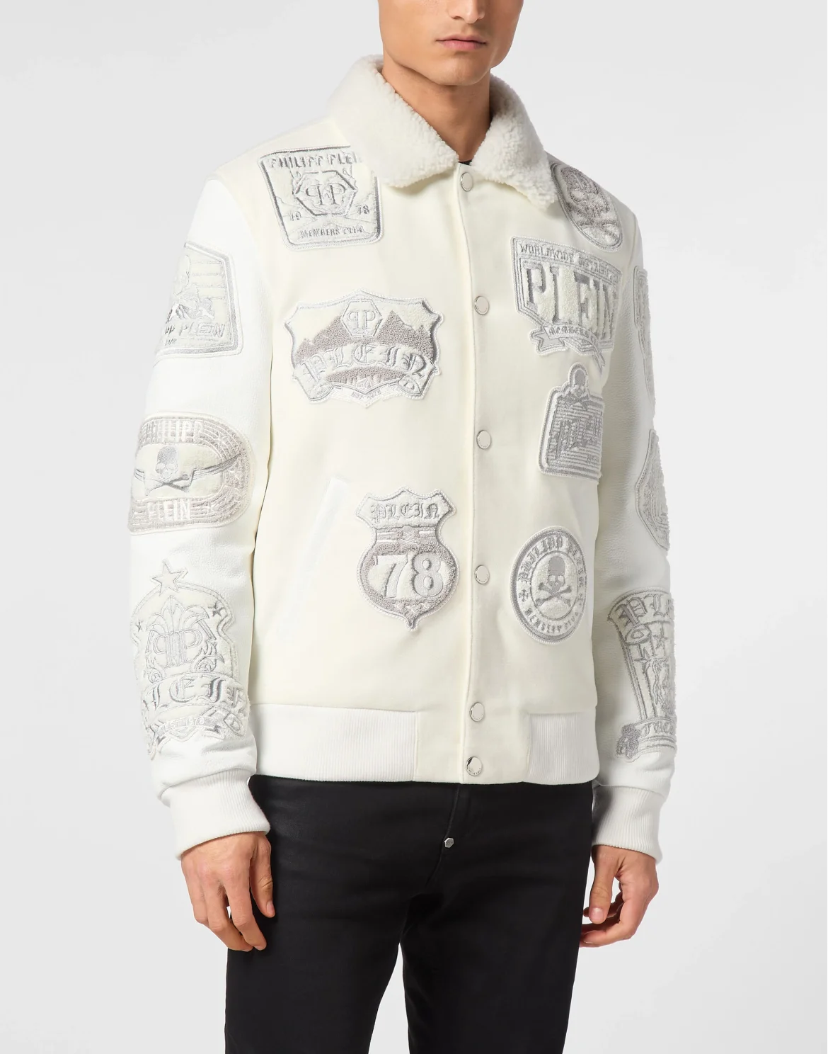 Shearling College Bomber With Leather Sleeves Patches, цвет: Белый