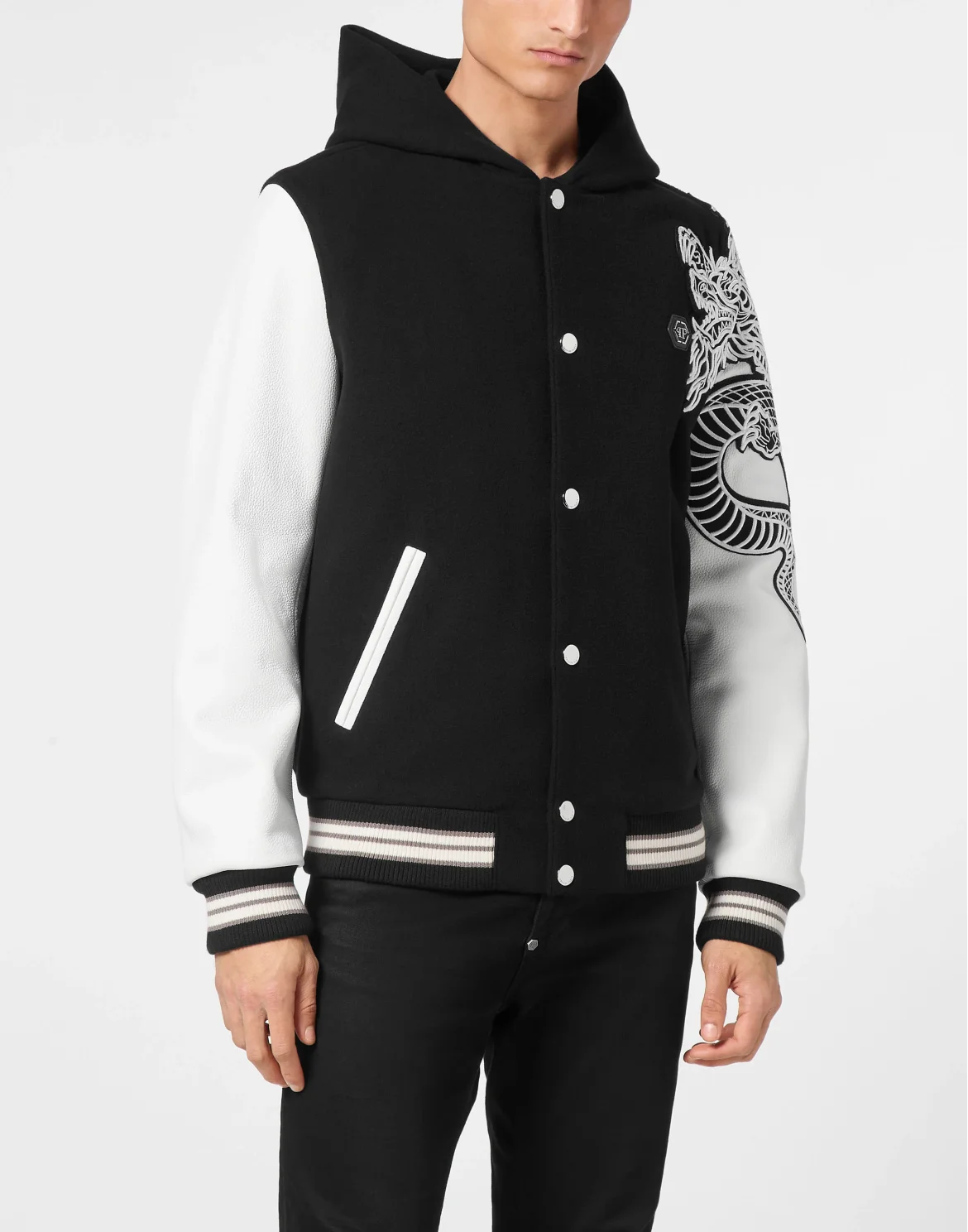 College Bomber With Leather Sleeves Monogram, цвет: Черный
