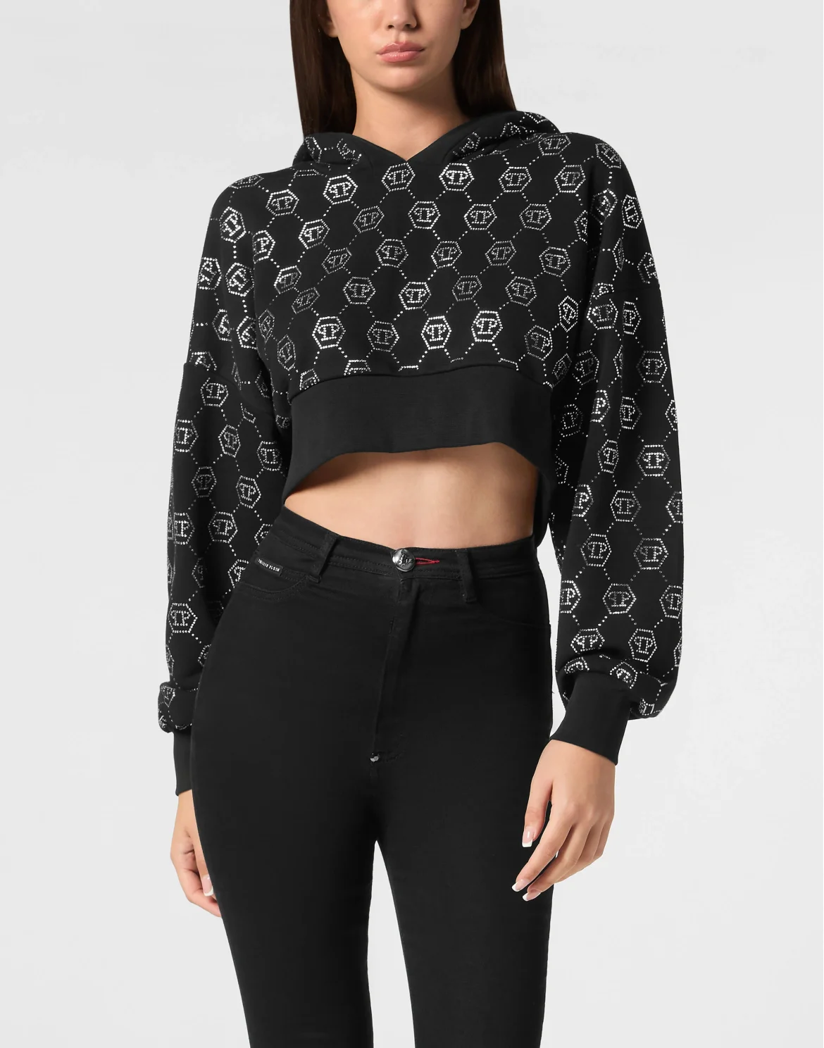 Cropped Hoodie Sweatshirt Monogram, цвет: Черный