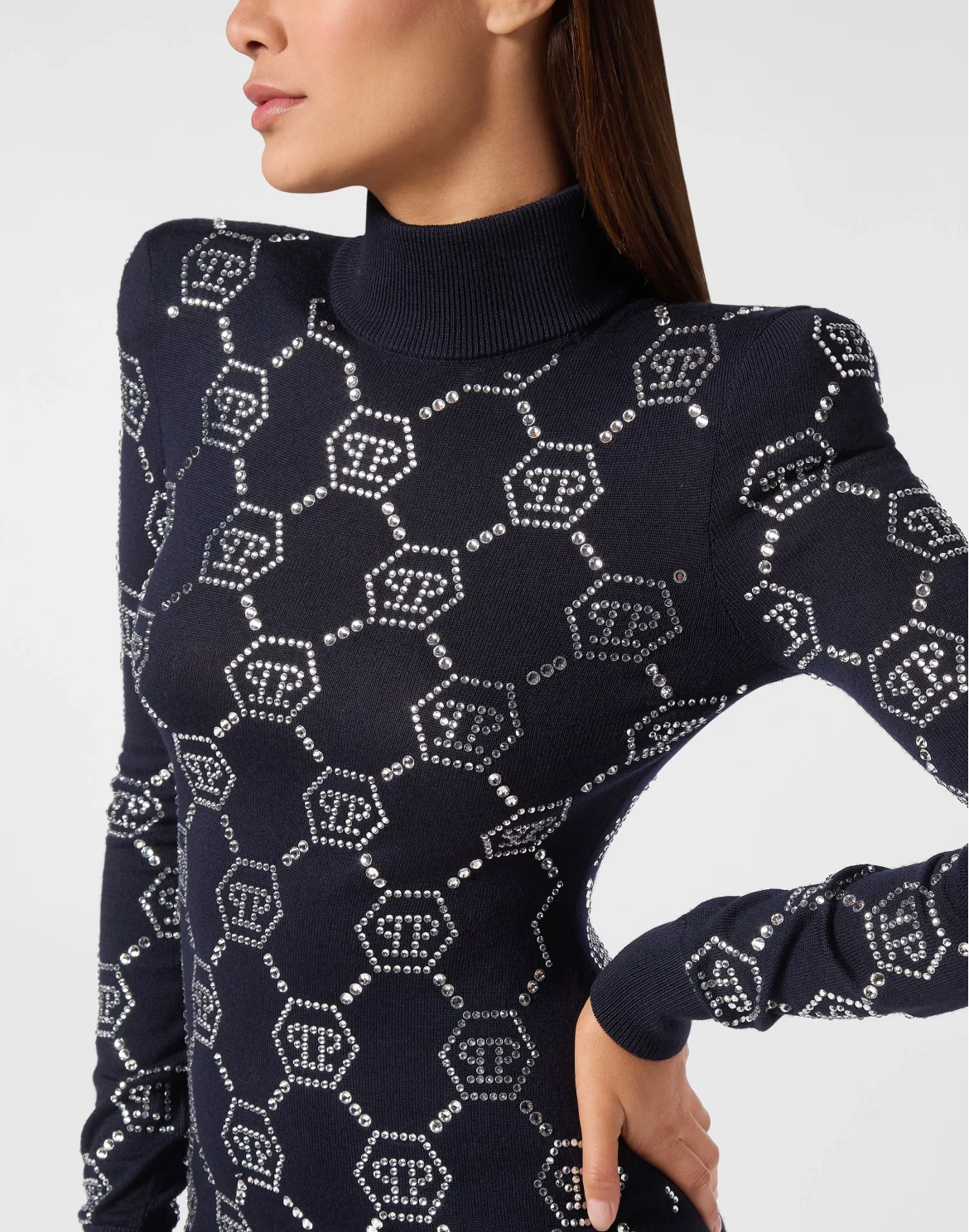 Knitted Strass Mini Dress With Padded Shoulders Monogram, цвет: Синий