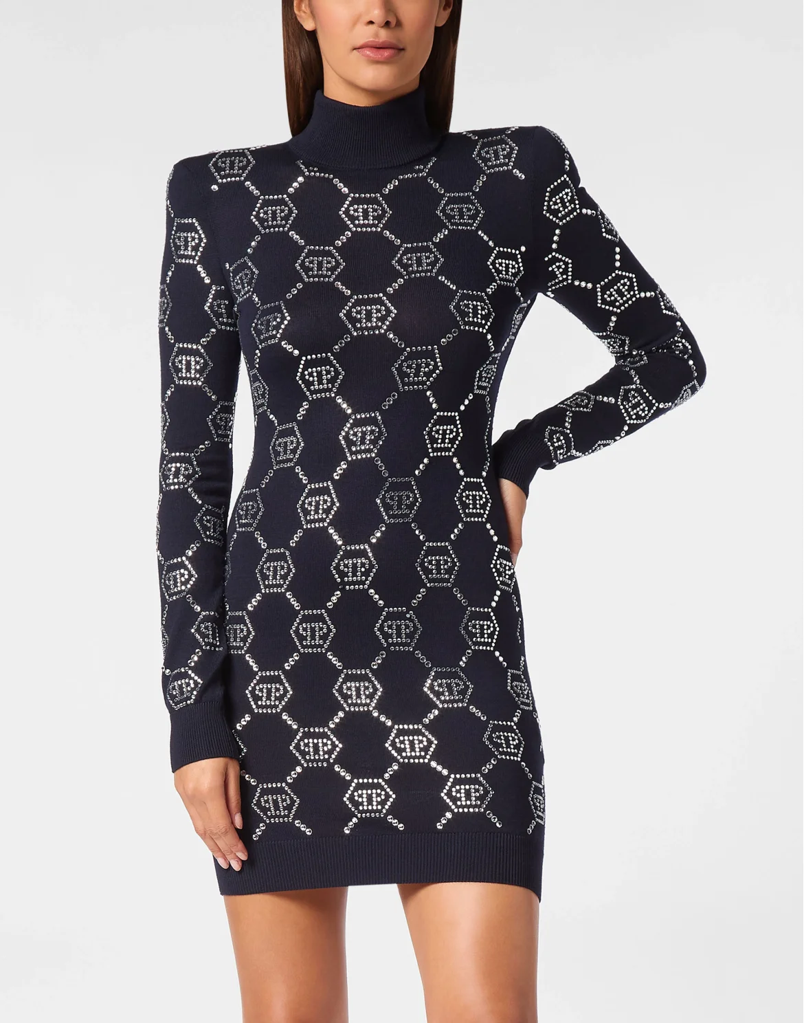 Knitted Strass Mini Dress With Padded Shoulders Monogram, цвет: Синий