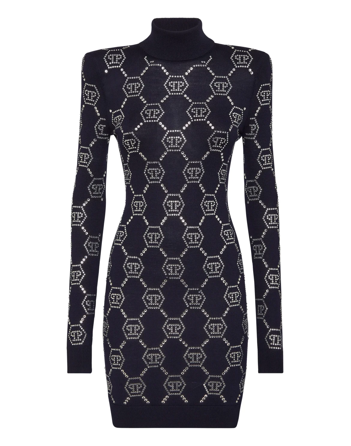 Knitted Strass Mini Dress With Padded Shoulders Monogram, цвет: Синий