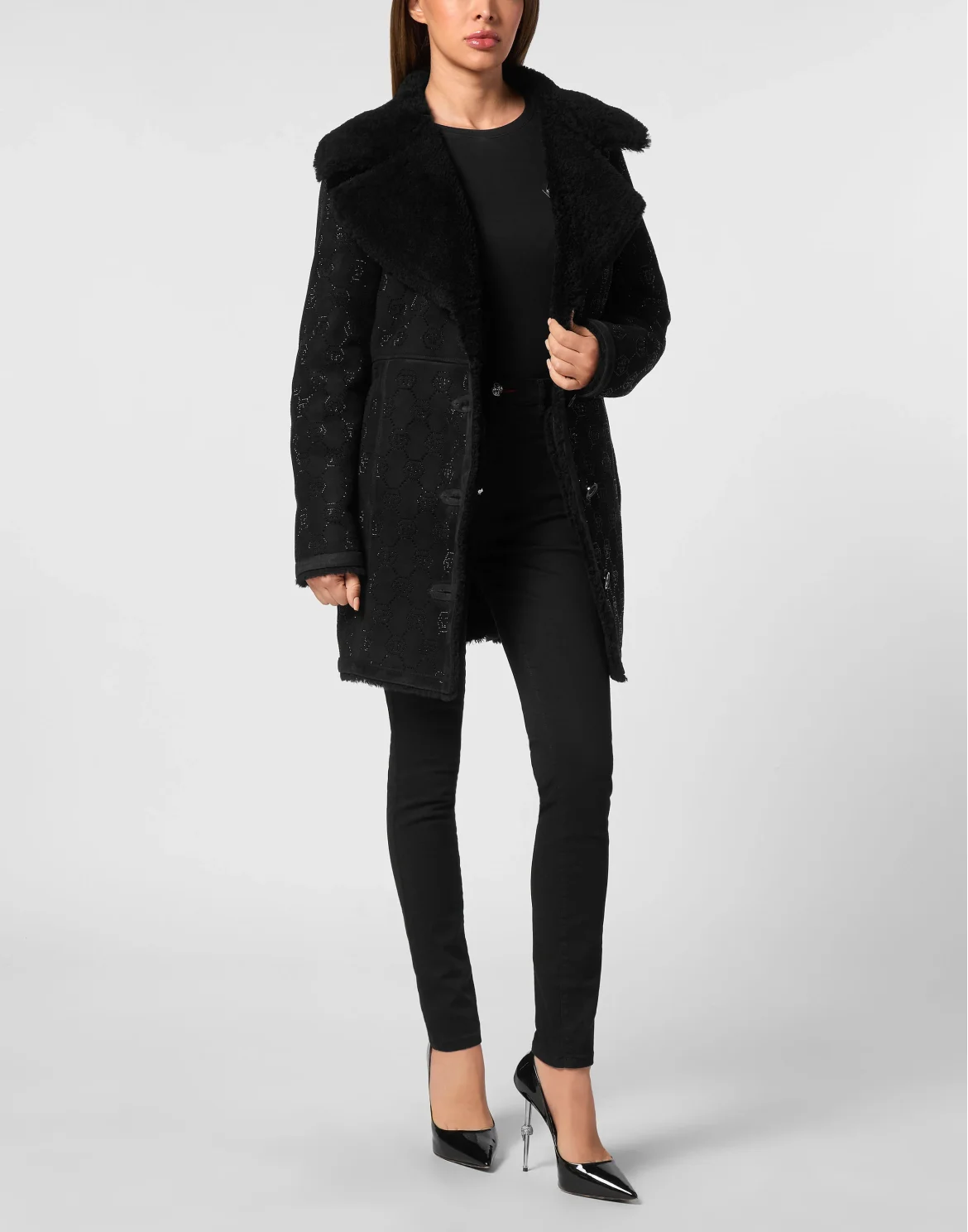 Shearling Oversize Coat Strass Monogram, цвет: Черный