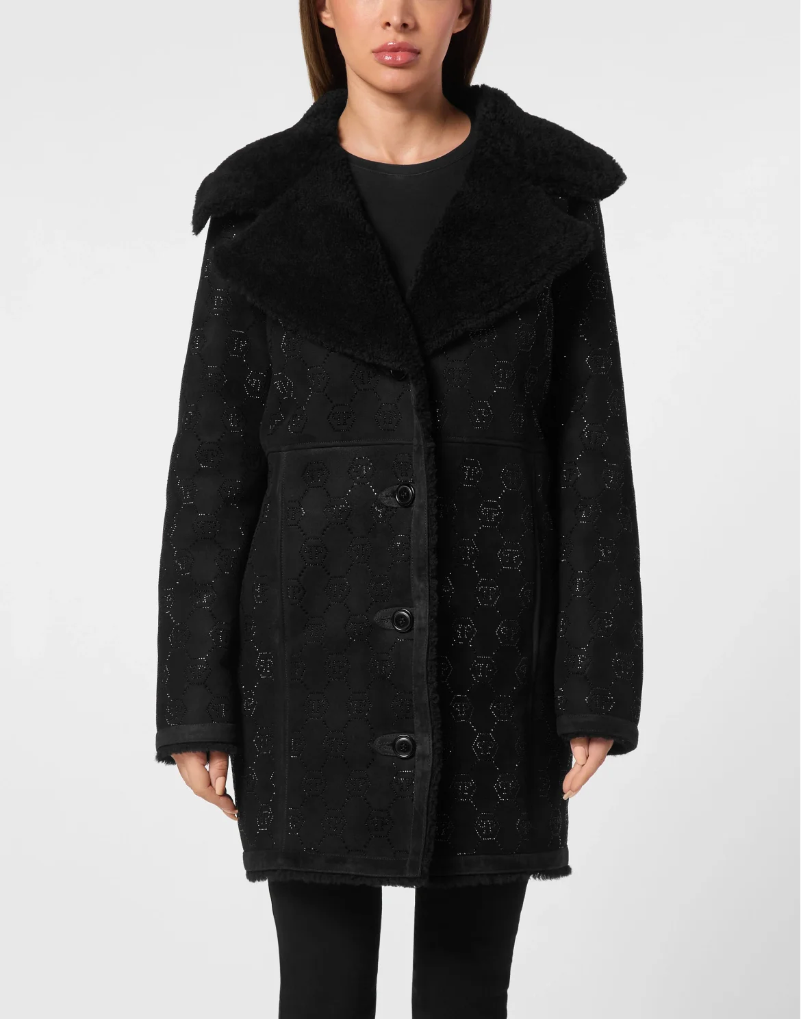 Shearling Oversize Coat Strass Monogram, цвет: Черный