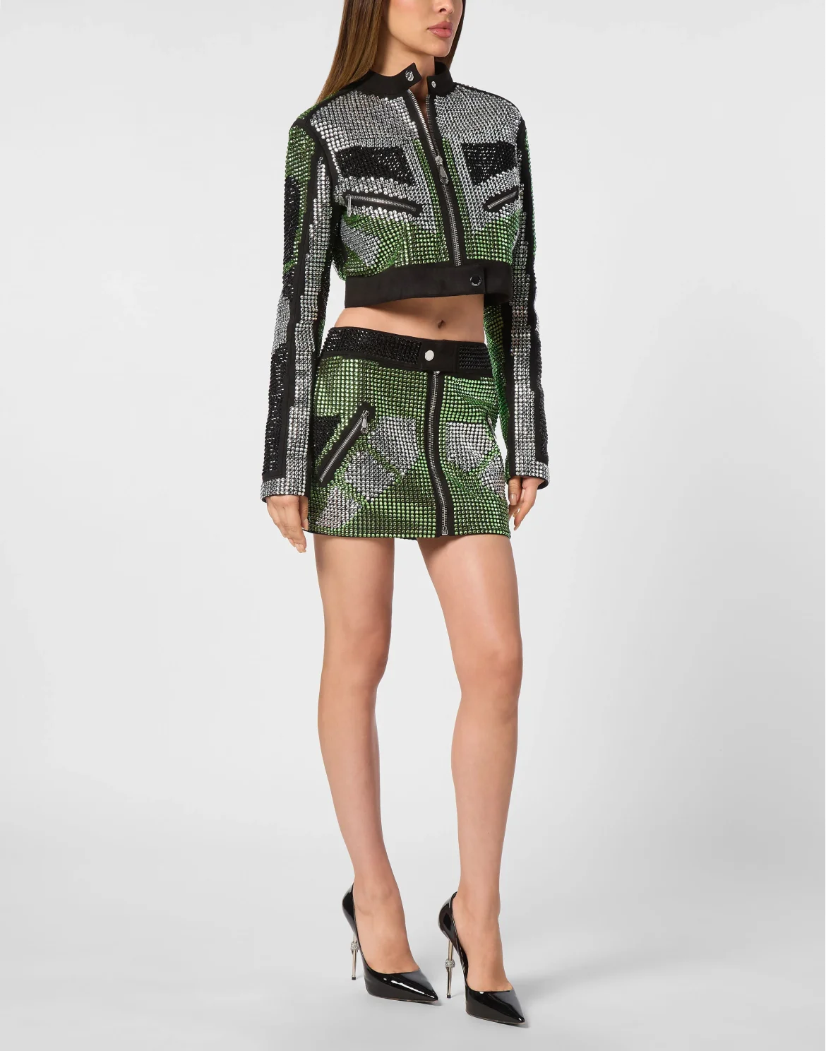 Cropped Leather Biker Jacket Strass, цвет: Зеленый