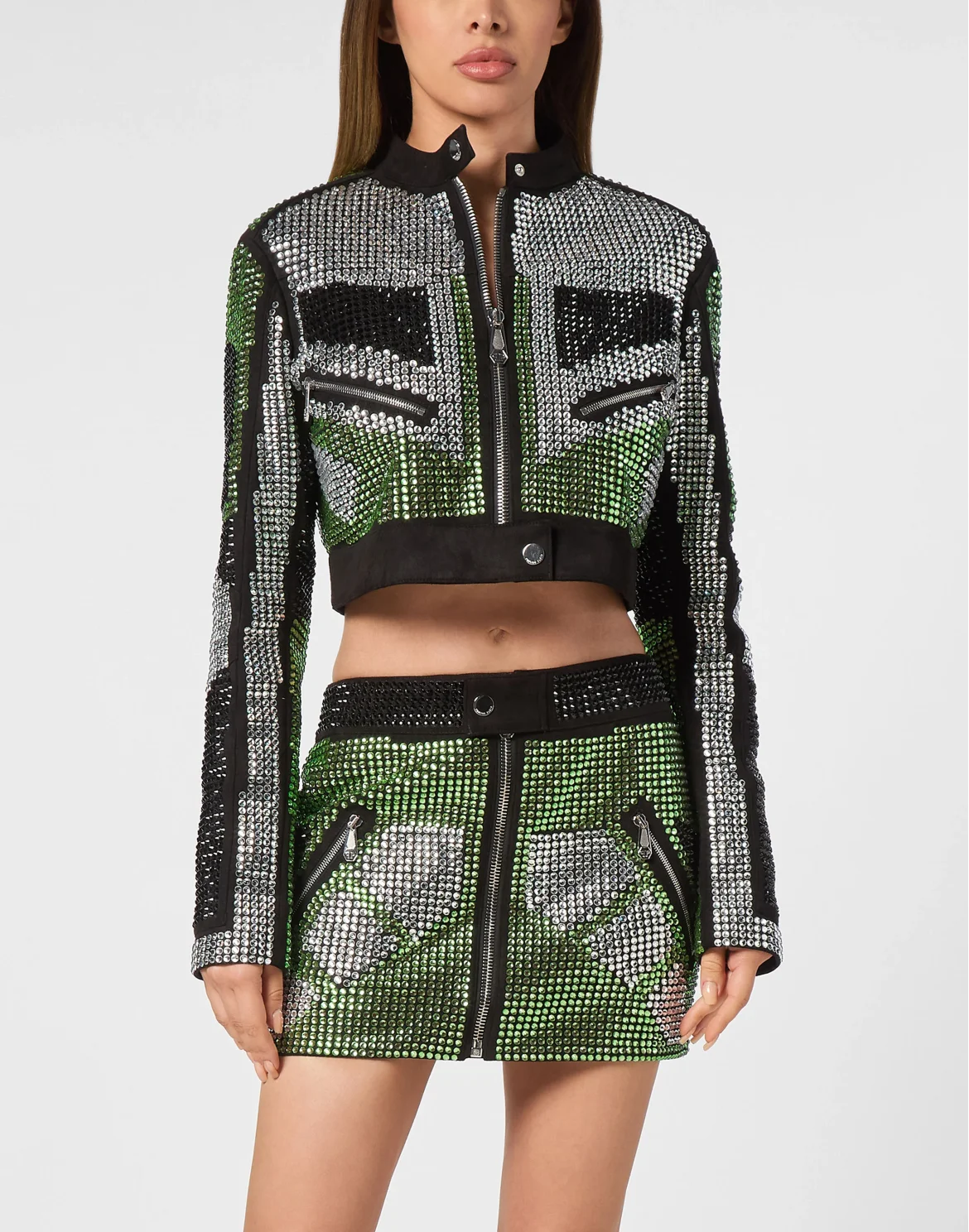 Cropped Leather Biker Jacket Strass, цвет: Зеленый