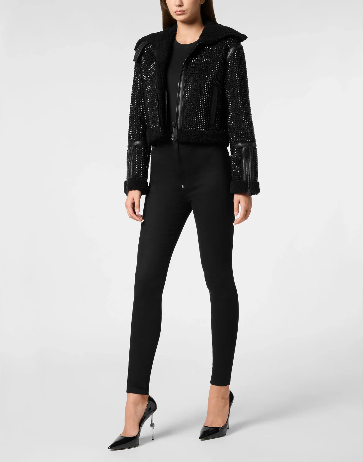 Crystal Shearling Cropped Jacket, цвет: Черный