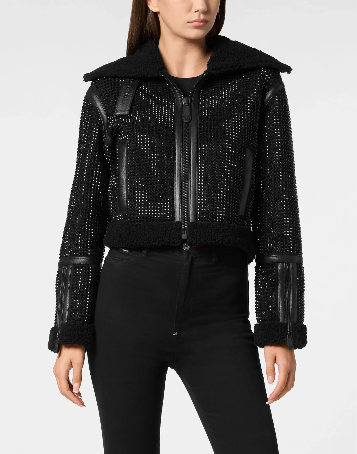 Crystal Shearling Cropped Jacket, цвет: Черный