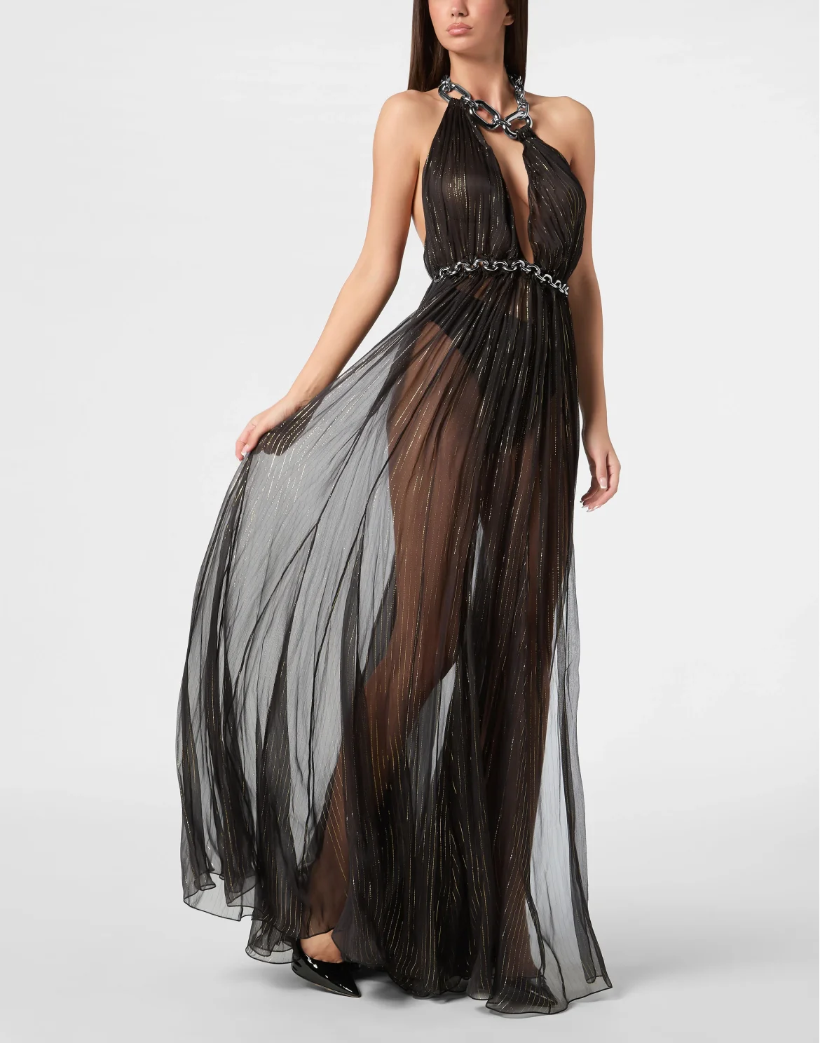 Chiffon Woven Chain Long Dress, цвет: Черный