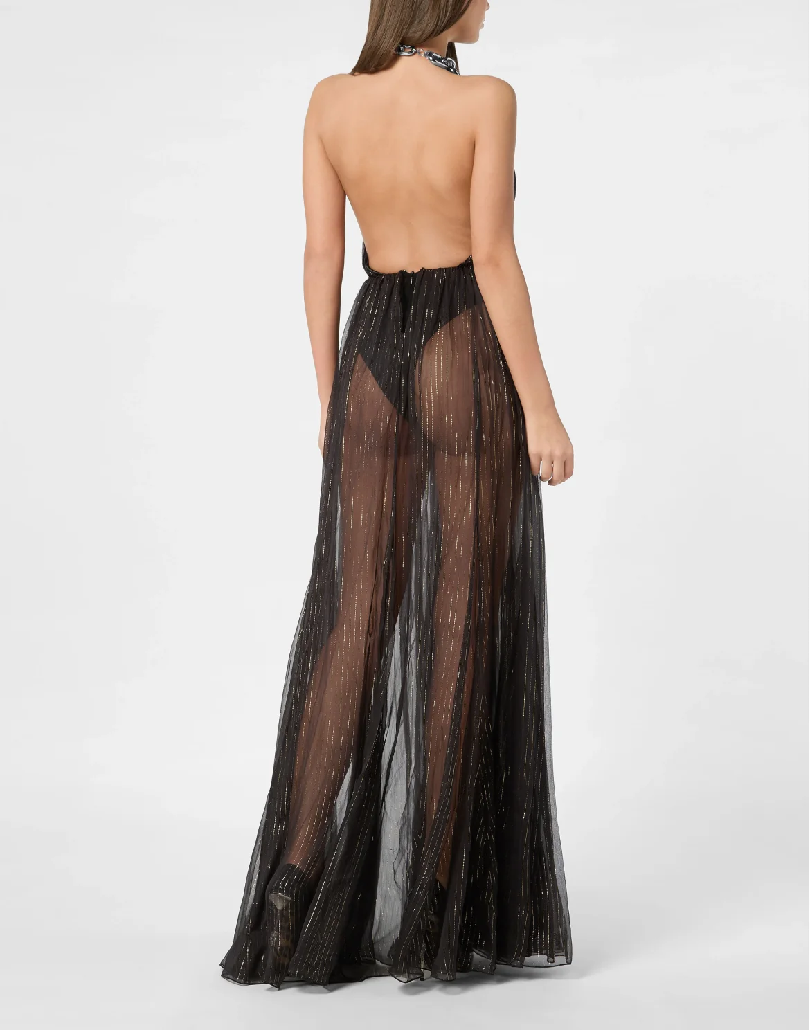Chiffon Woven Chain Long Dress, цвет: Черный
