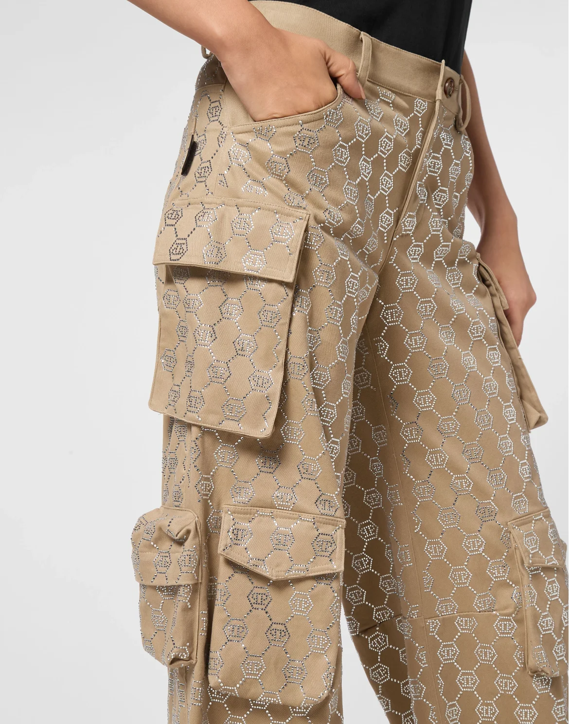 Long Trousers Cargo Fit Strass Monogram, цвет: Бежевый