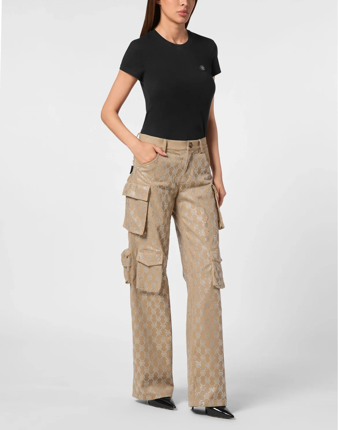 Long Trousers Cargo Fit Strass Monogram, цвет: Бежевый