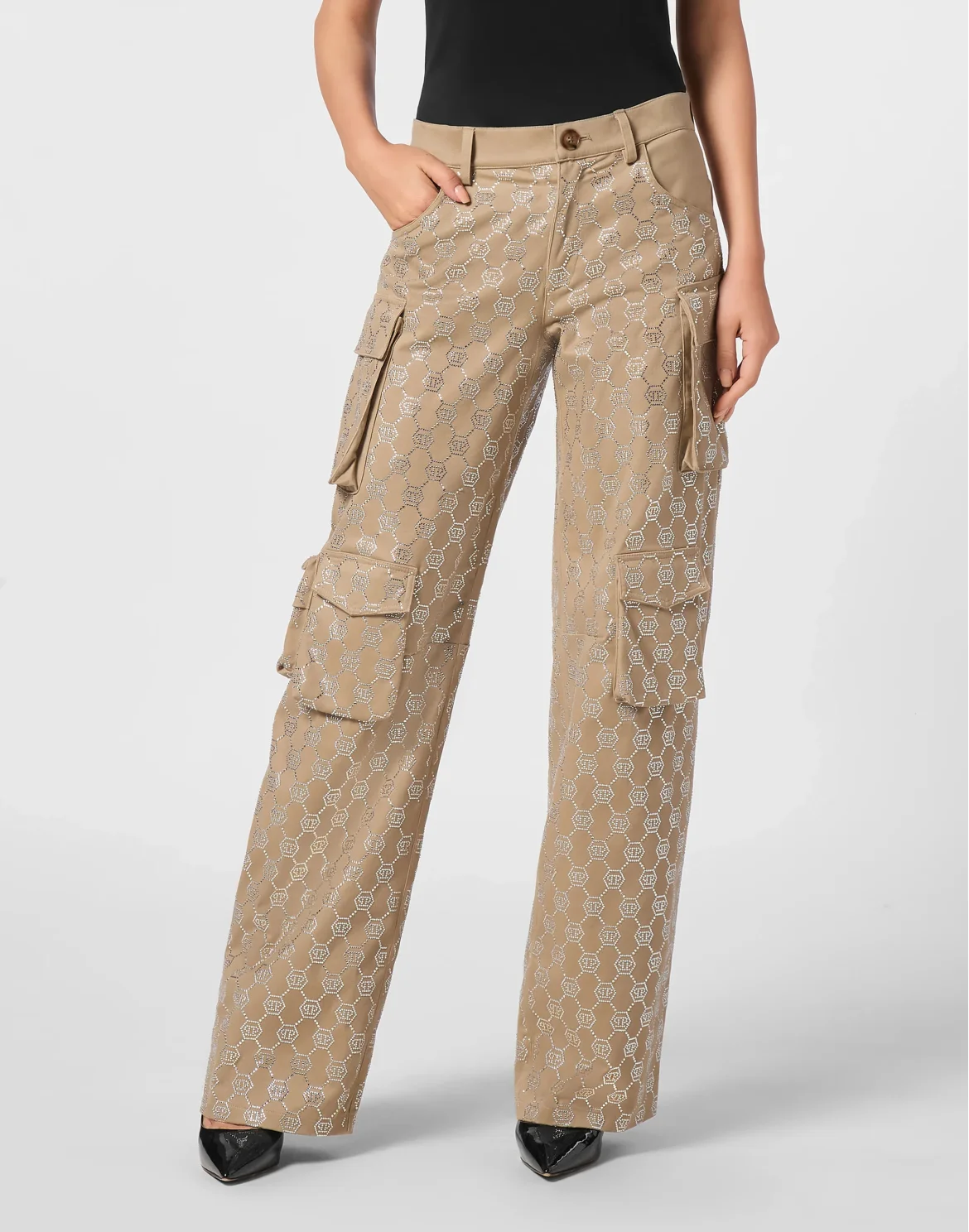 Long Trousers Cargo Fit Strass Monogram, цвет: Бежевый