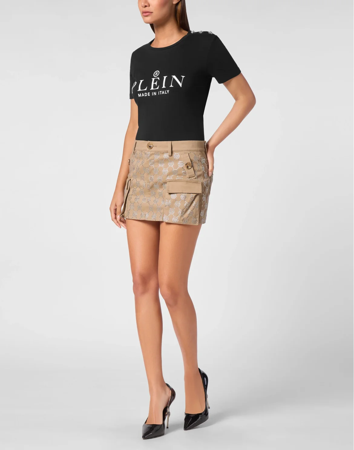 Cargo Mini Skirt Strass Monogram, цвет: Бежевый