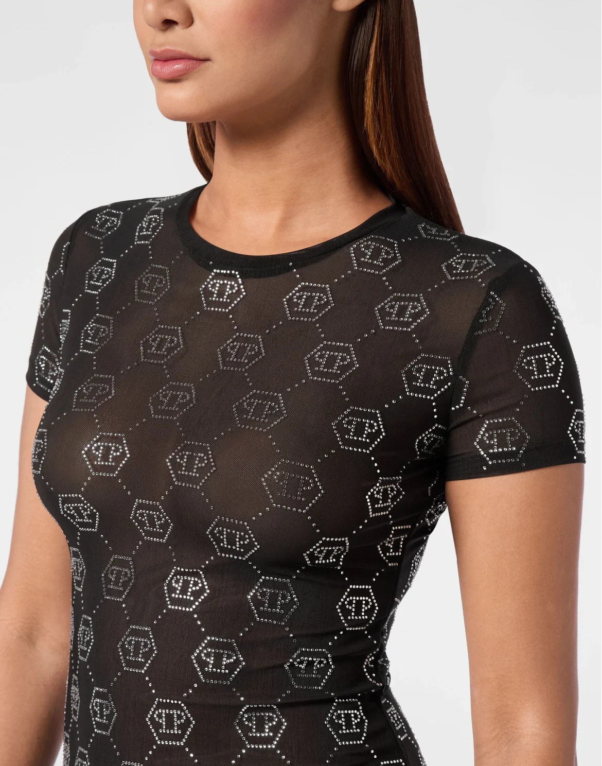 Tulle T-shirt Round Neck SS Strass Monogram, цвет: Черный
