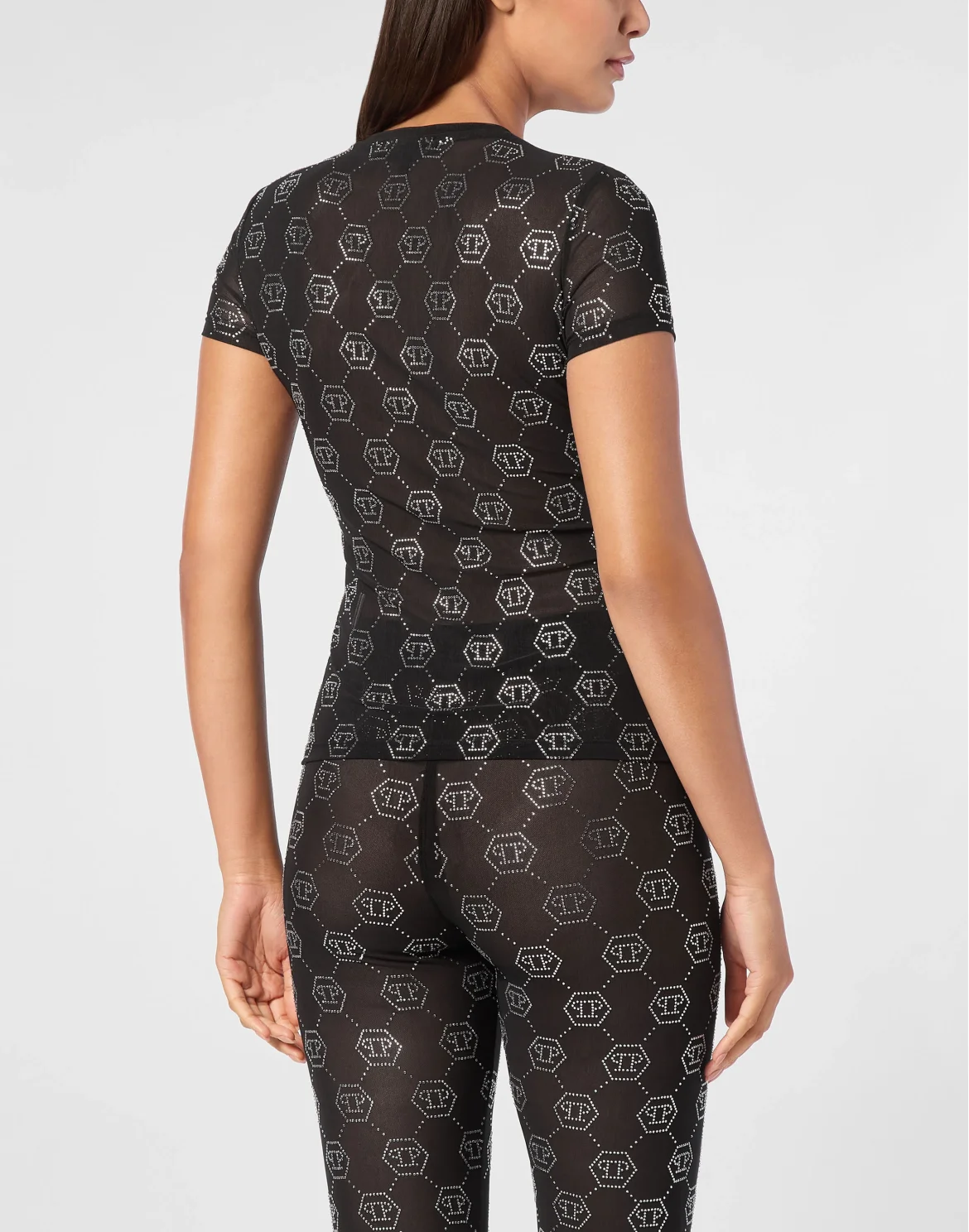 Tulle T-shirt Round Neck SS Strass Monogram, цвет: Черный