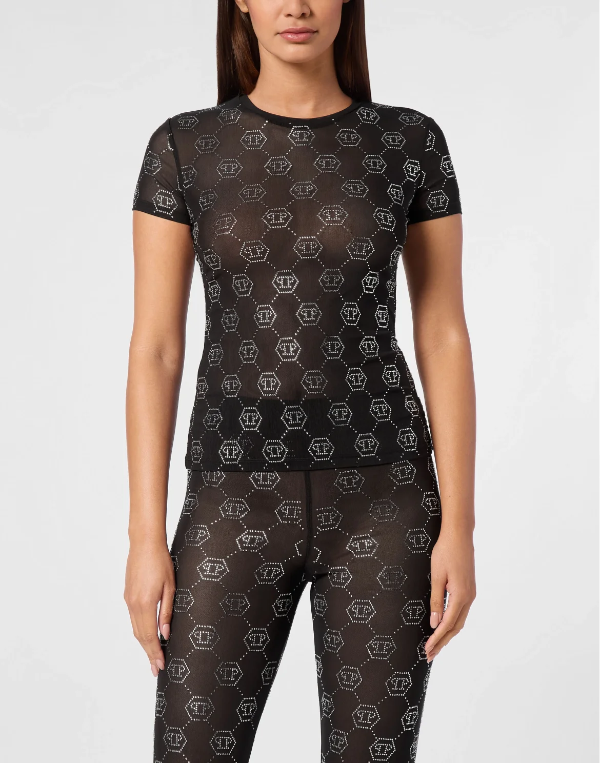 Tulle T-shirt Round Neck SS Strass Monogram, цвет: Черный